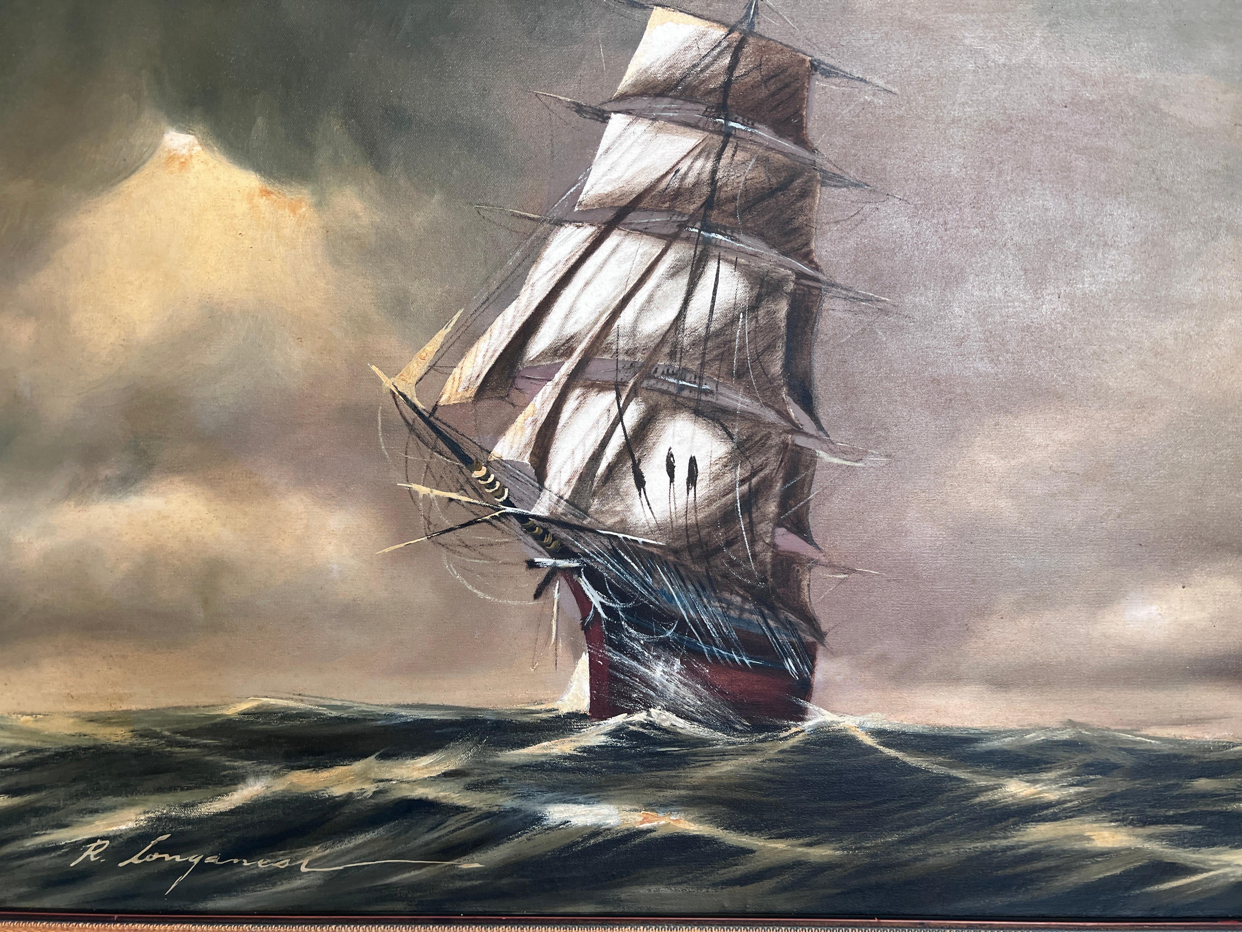 Renato Longanesi - Original Vintage Oil Painting Clipper Ship Stormy Sea Framed For Sale 2