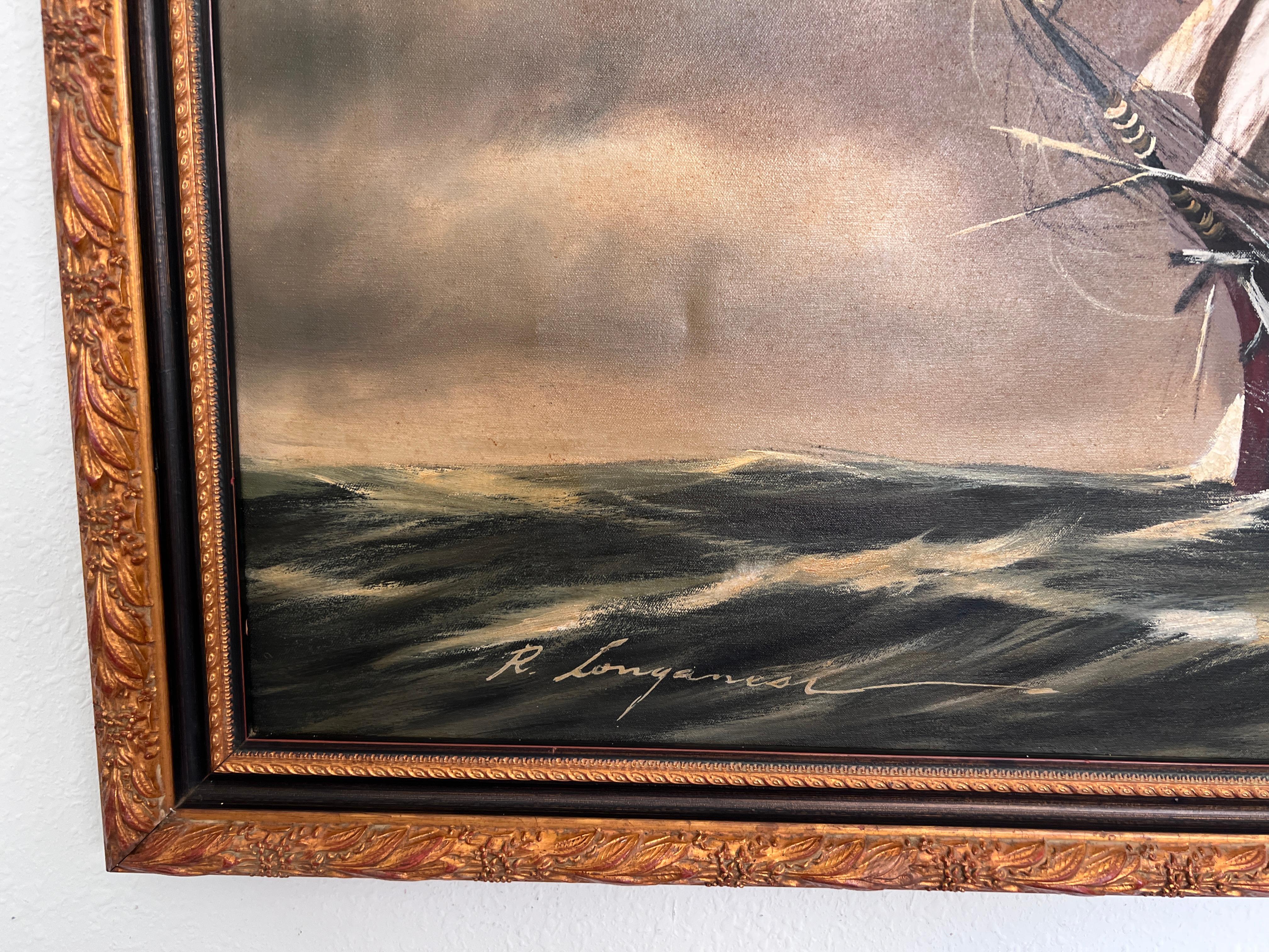 Renato Longanesi - Original Vintage Oil Painting Clipper Ship Stormy Sea Framed For Sale 3