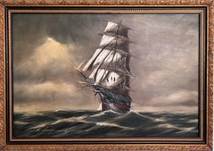 Renato Longanesi - Original Vintage Oil Painting Clipper Ship Stormy Sea Encadré