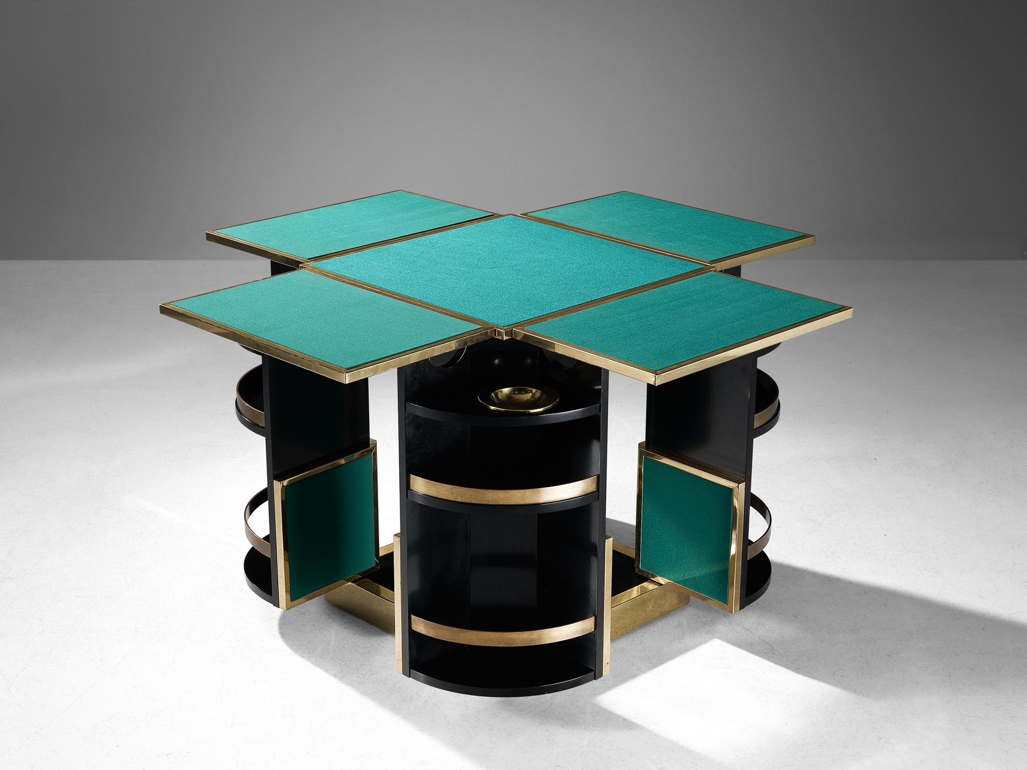 Renato Meneghetti, 'Cubo' game table, brass, felt, metal, wood, Italy, 1970s

Designed by Renato Meneghetti circa 1970, this rare transforming 'Cubo' gaming table has great practical details. For instance, the foldable table leaves and extendable