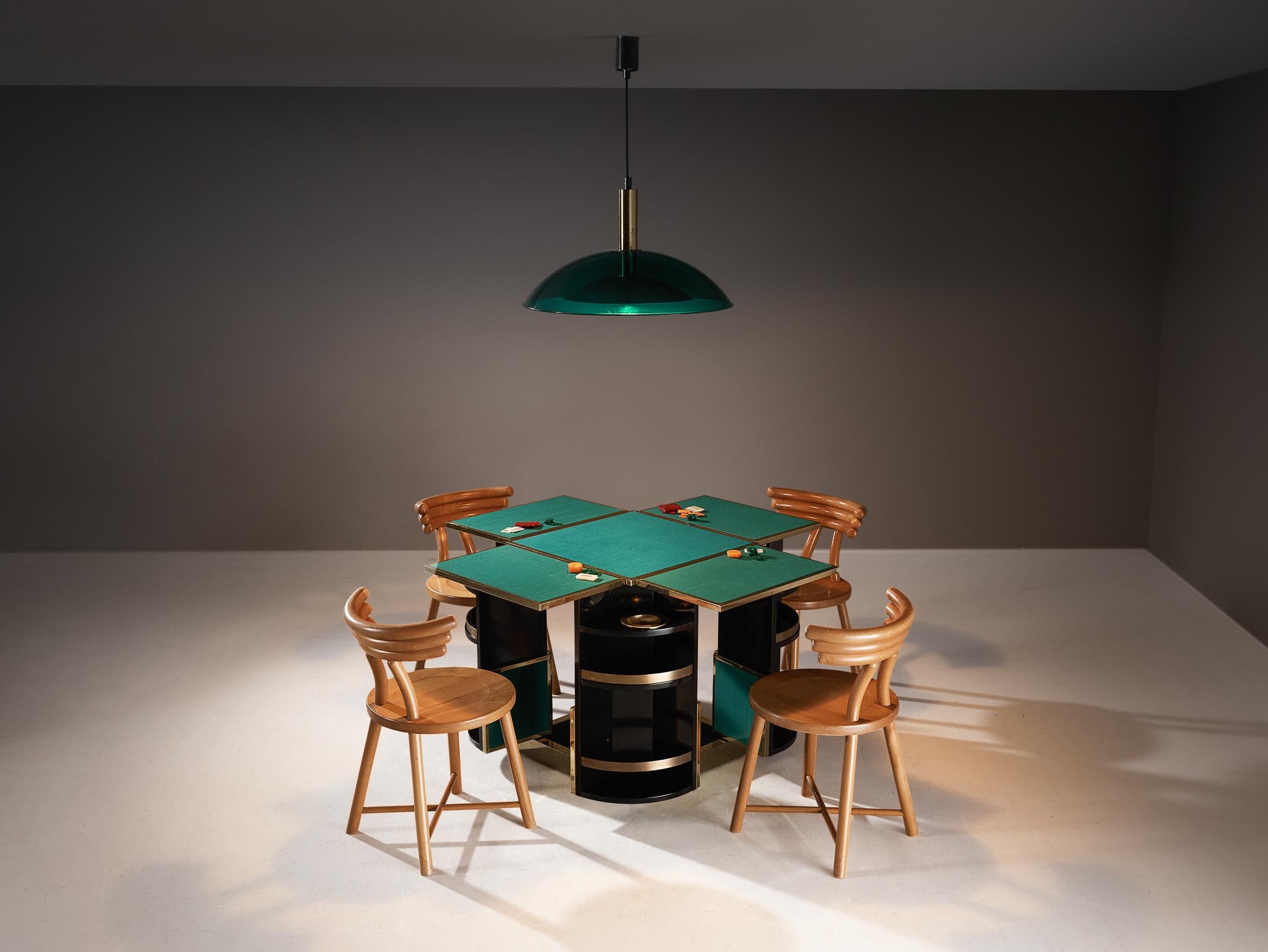 Renato Meneghetti, 'Cubo' game table set with matching lamp and four wooden chairs, brass, felt, metal, wood, Italy, 1970s

This lovely set exists of a convertible game table, a matching pendant, and four wooden chairs. 

Designed by Renato