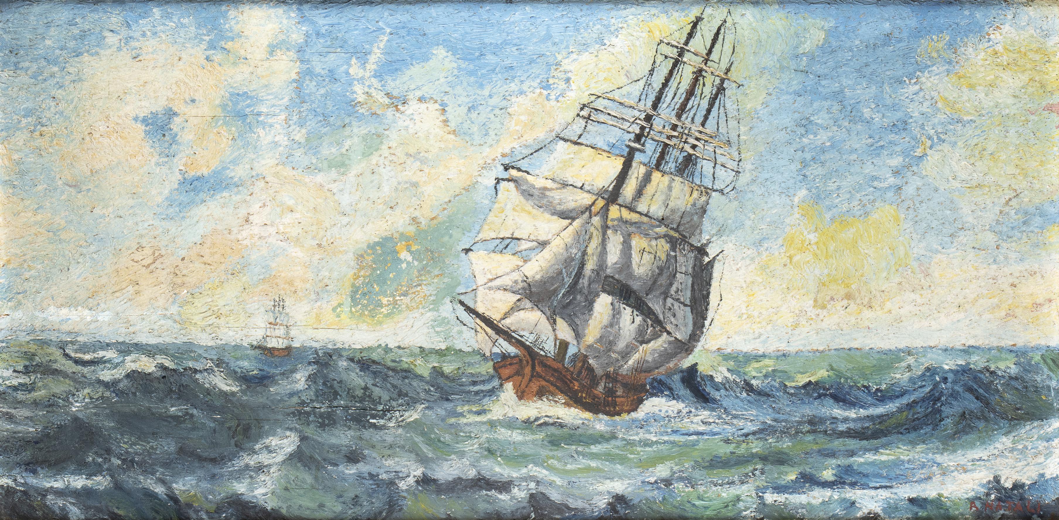 Pittura paesaggistica Olio su tavola Due navi a vela in un mare agitato Firmato 20 - Painting di Renato Natali