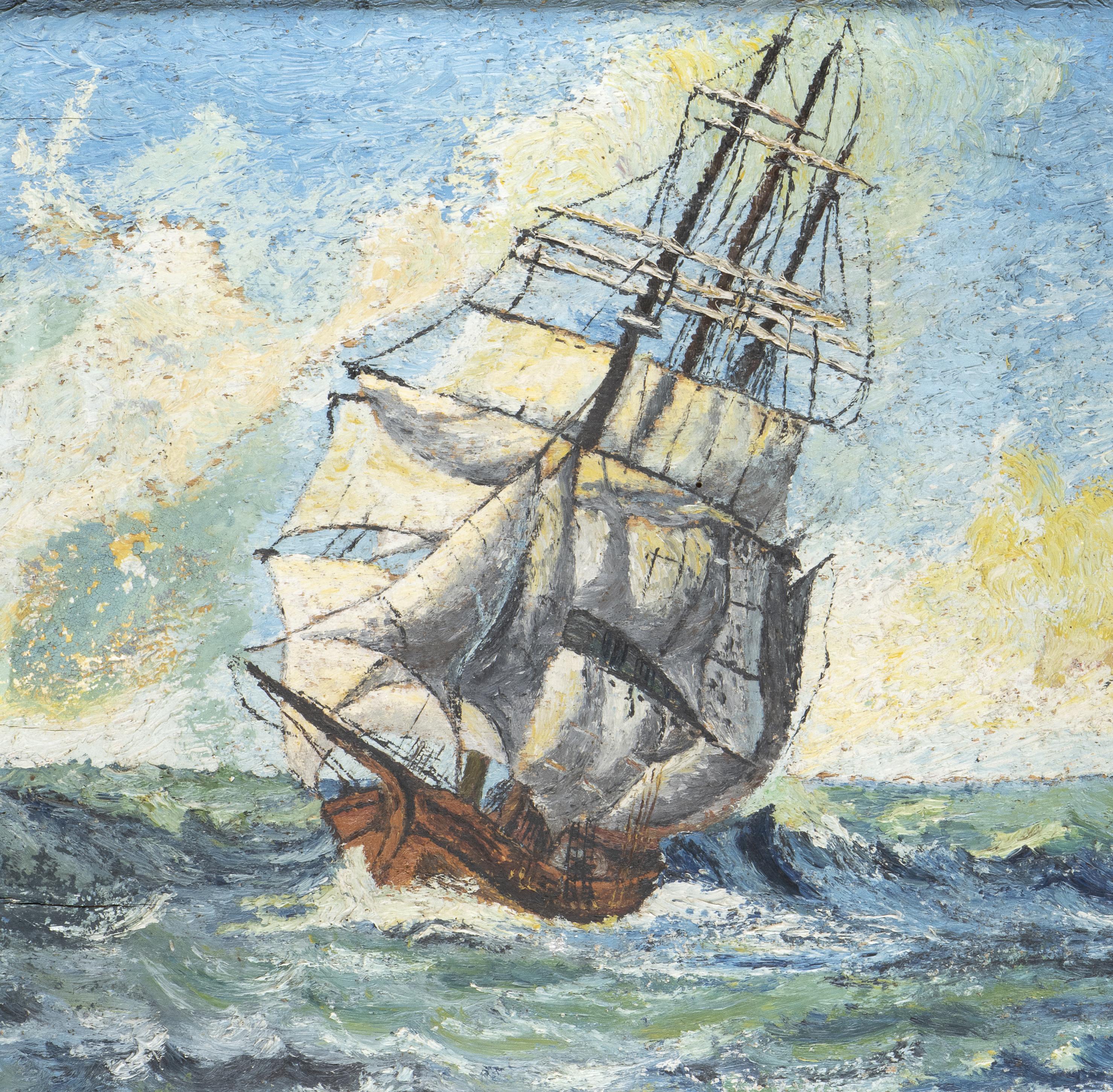 Pittura paesaggistica Olio su tavola Due navi a vela in un mare agitato Firmato 20 - Painting Altro stile artistico di Renato Natali
