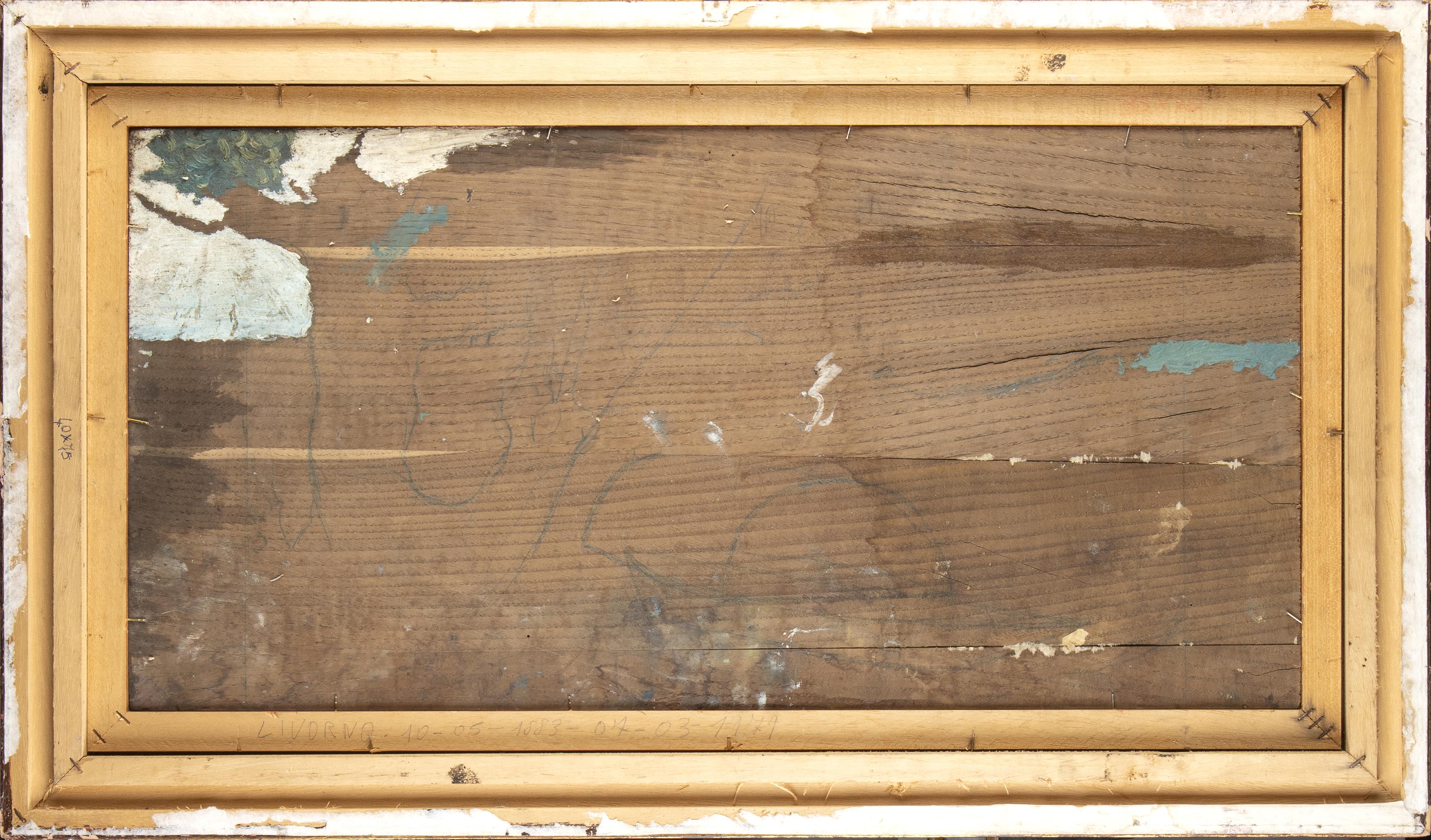 Pittura paesaggistica Olio su tavola Due navi a vela in un mare agitato Firmato 20 1