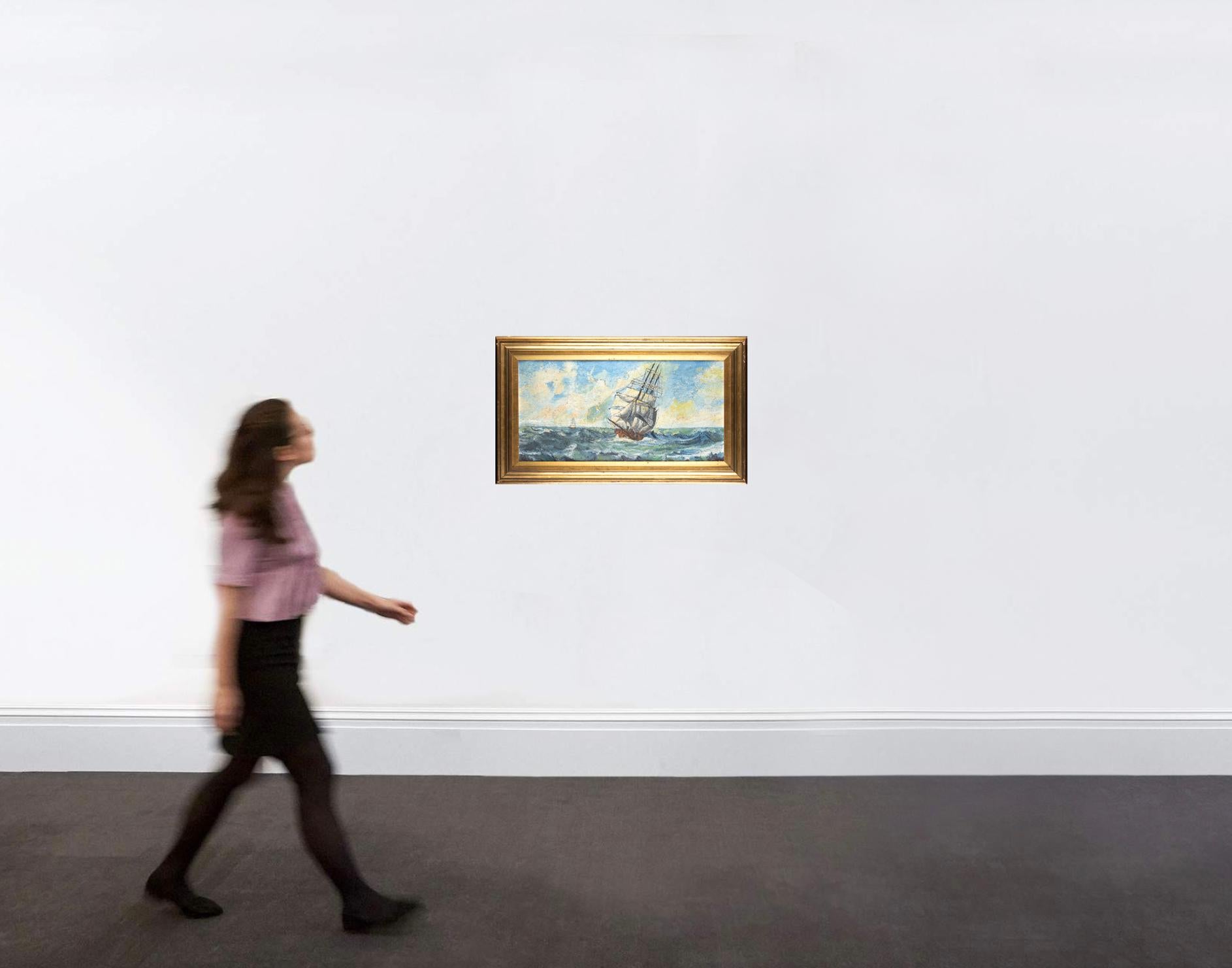 Pittura paesaggistica Olio su tavola Due navi a vela in un mare agitato Firmato 20 2