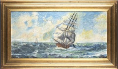 Pittura paesaggistica Olio su tavola Due navi a vela in un mare agitato Firmato 20