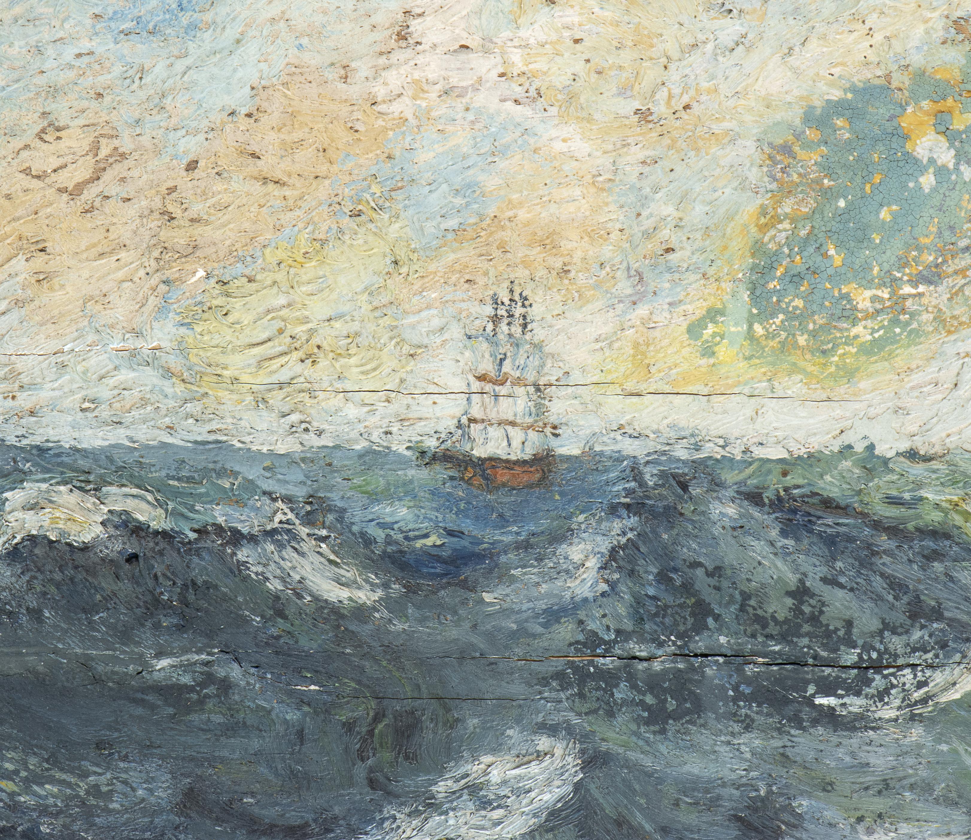 Renato Natali Dipinto a olio su tavola Due velieri in un mare agitato Firmato XX 3