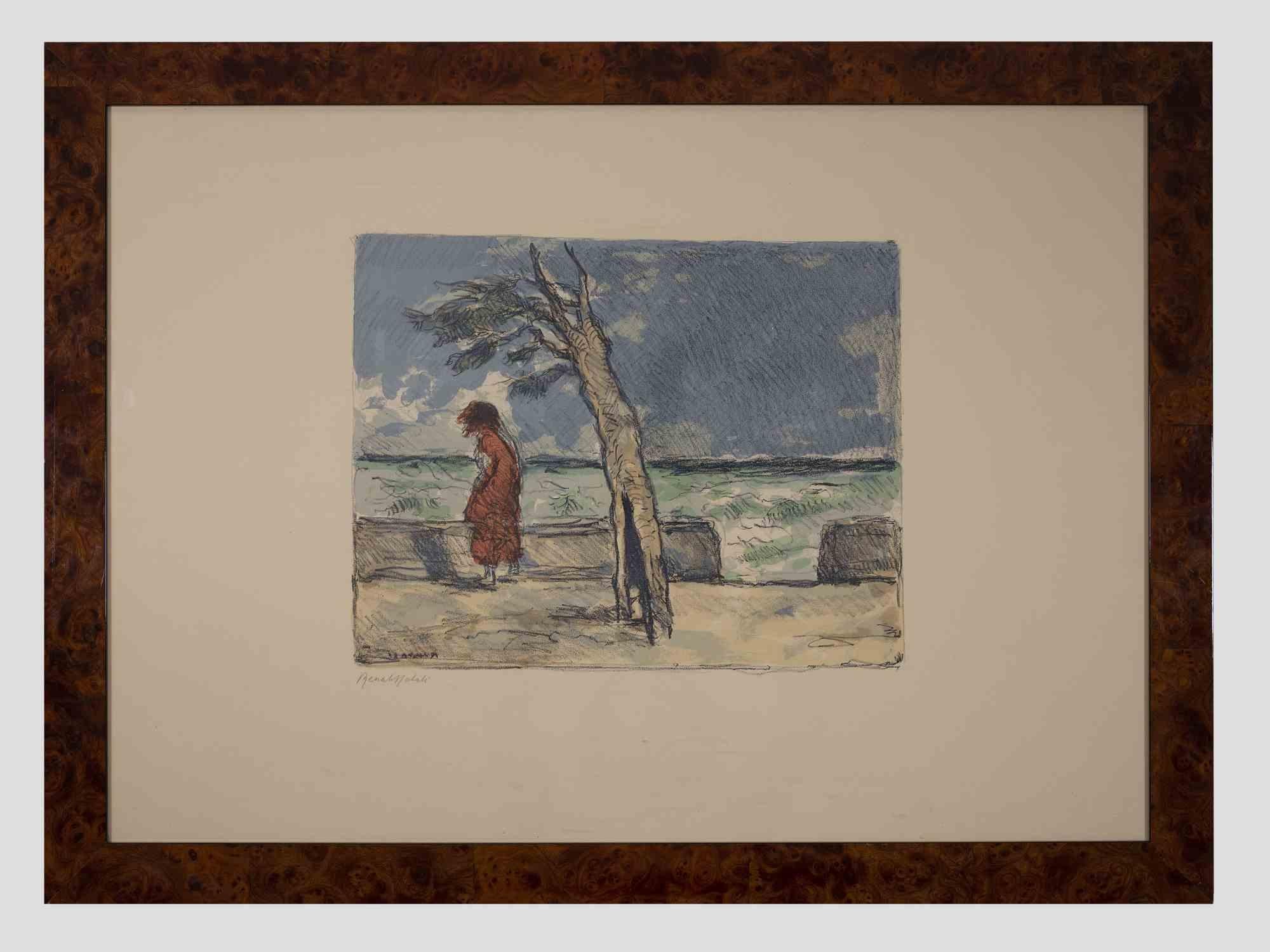 Seaside with a Figure is an original lithograph realized by the Italian artist Renato Natali in 1970s.

Hand signed in pencil lower left.

Good condition (light spots on the sheet).