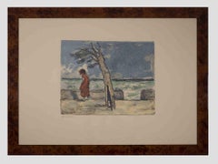 Vintage Seaside with a Figure -  Lithograph by Renato Natali - 1970s