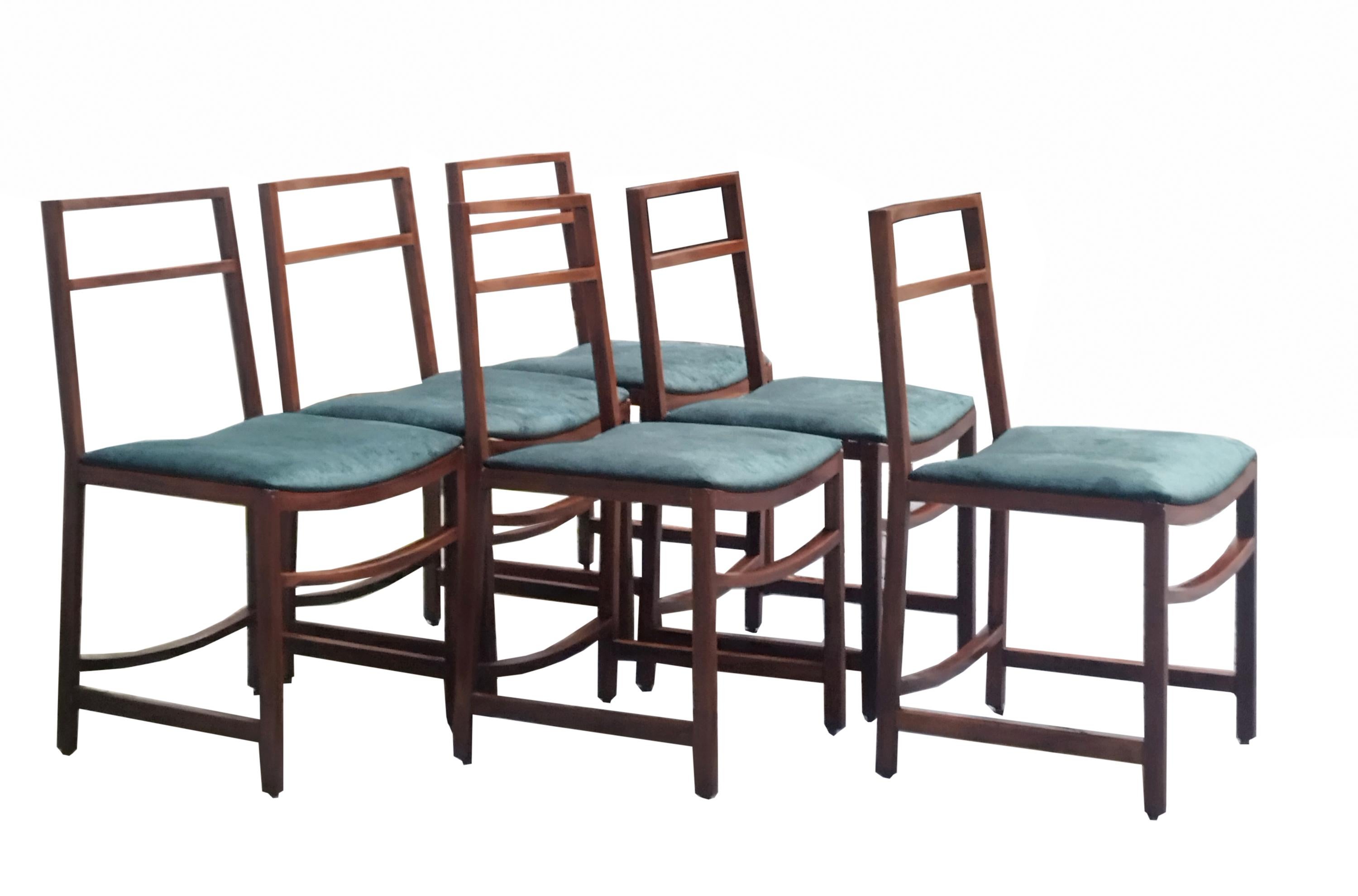 Renato Venturi para Mim 6 sillas de tela verde y madera, Italia Años 60 en Bueno estado para la venta en Naples, IT