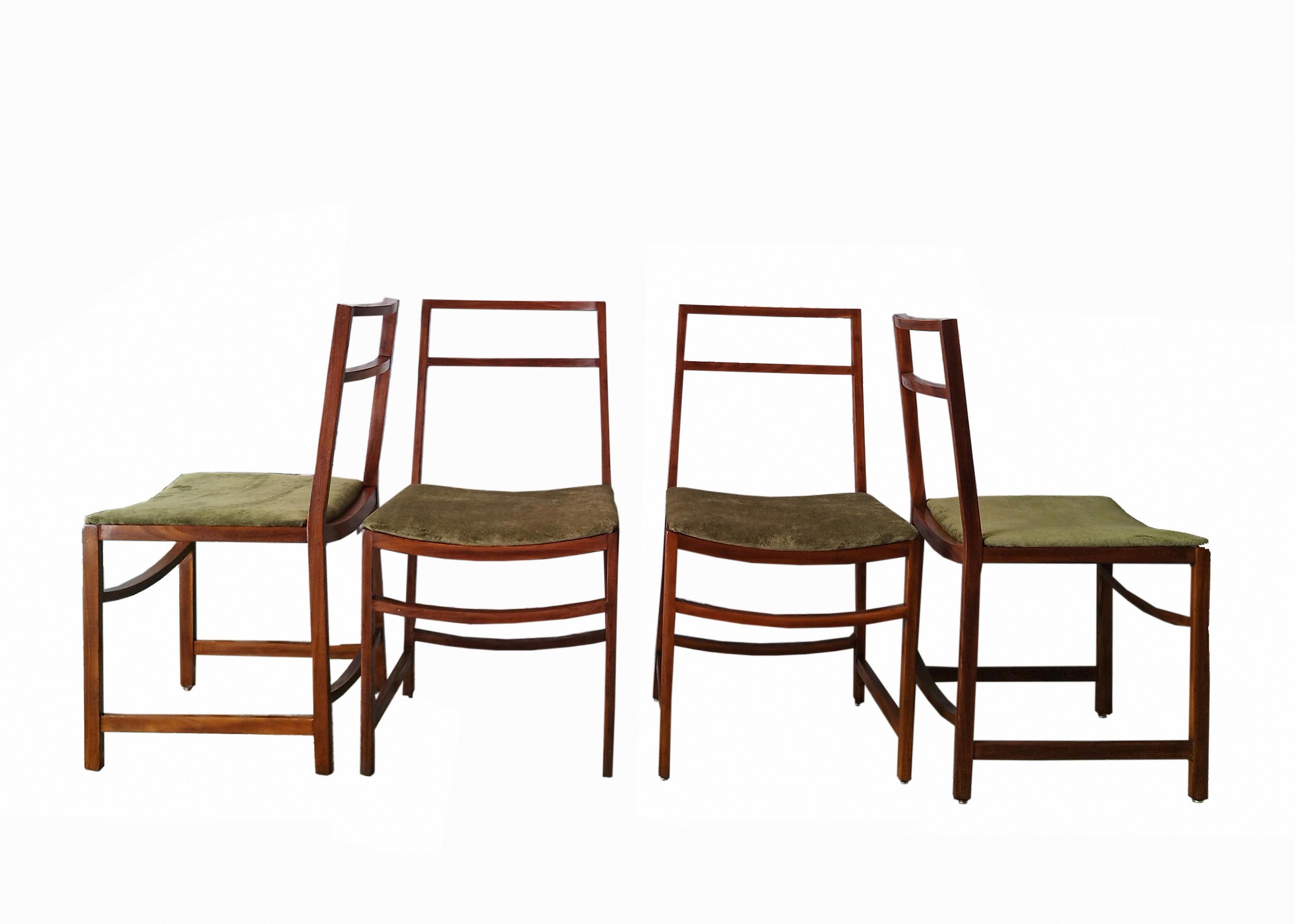 Chairs in wood and green fabric by Renato Venturi who designed these extraordinary chairs for MIM Rome in 1960s Italy. These fantastic chairs have a solid wood frame and beautifully new ivory boucle'fabric seats. Comes with the original MIM Roma