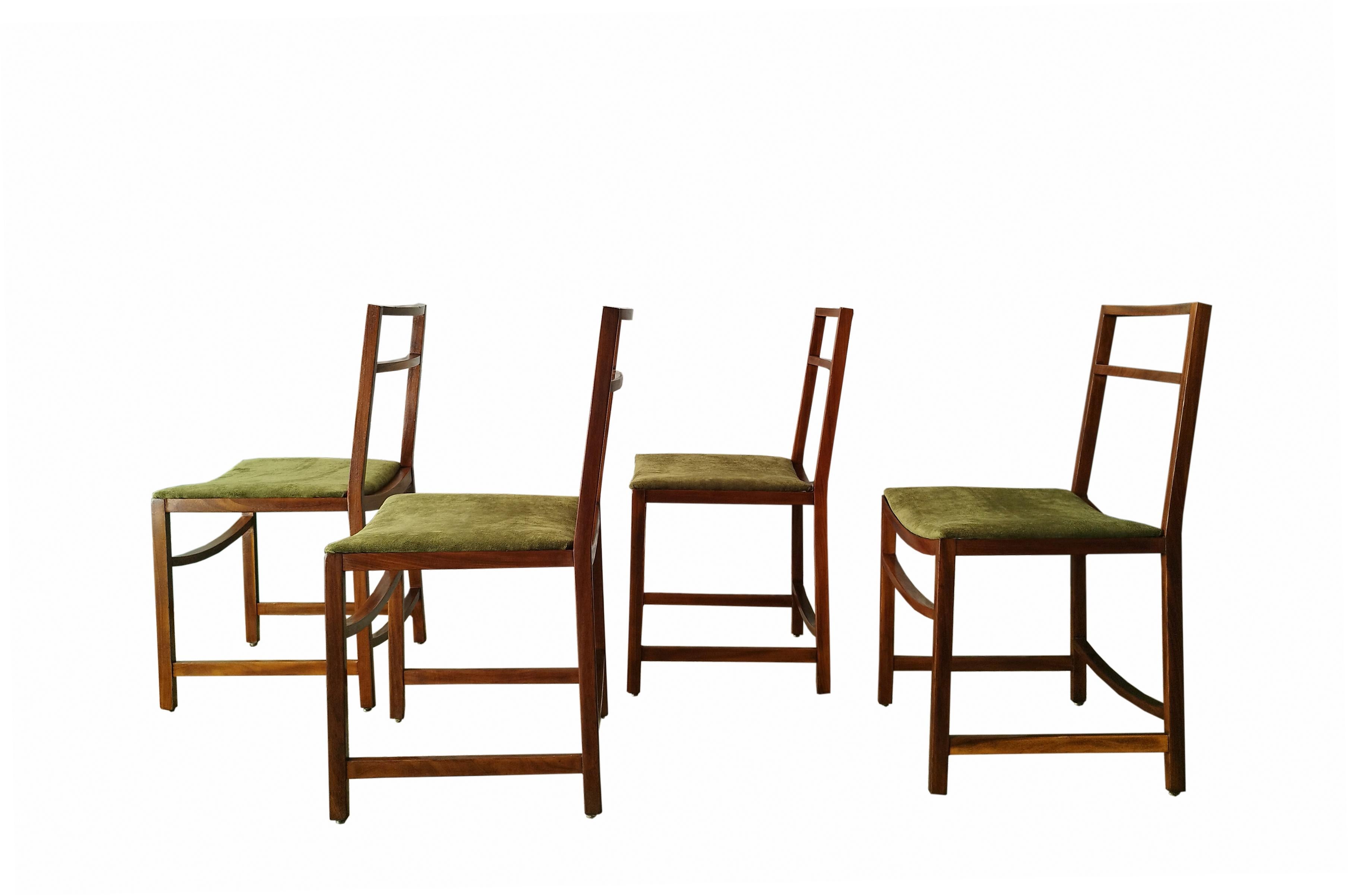 Mid-Century Modern Renato Venturi for Mim Set of 4 Green Fabric and Wood Chairs, Italy 1960s