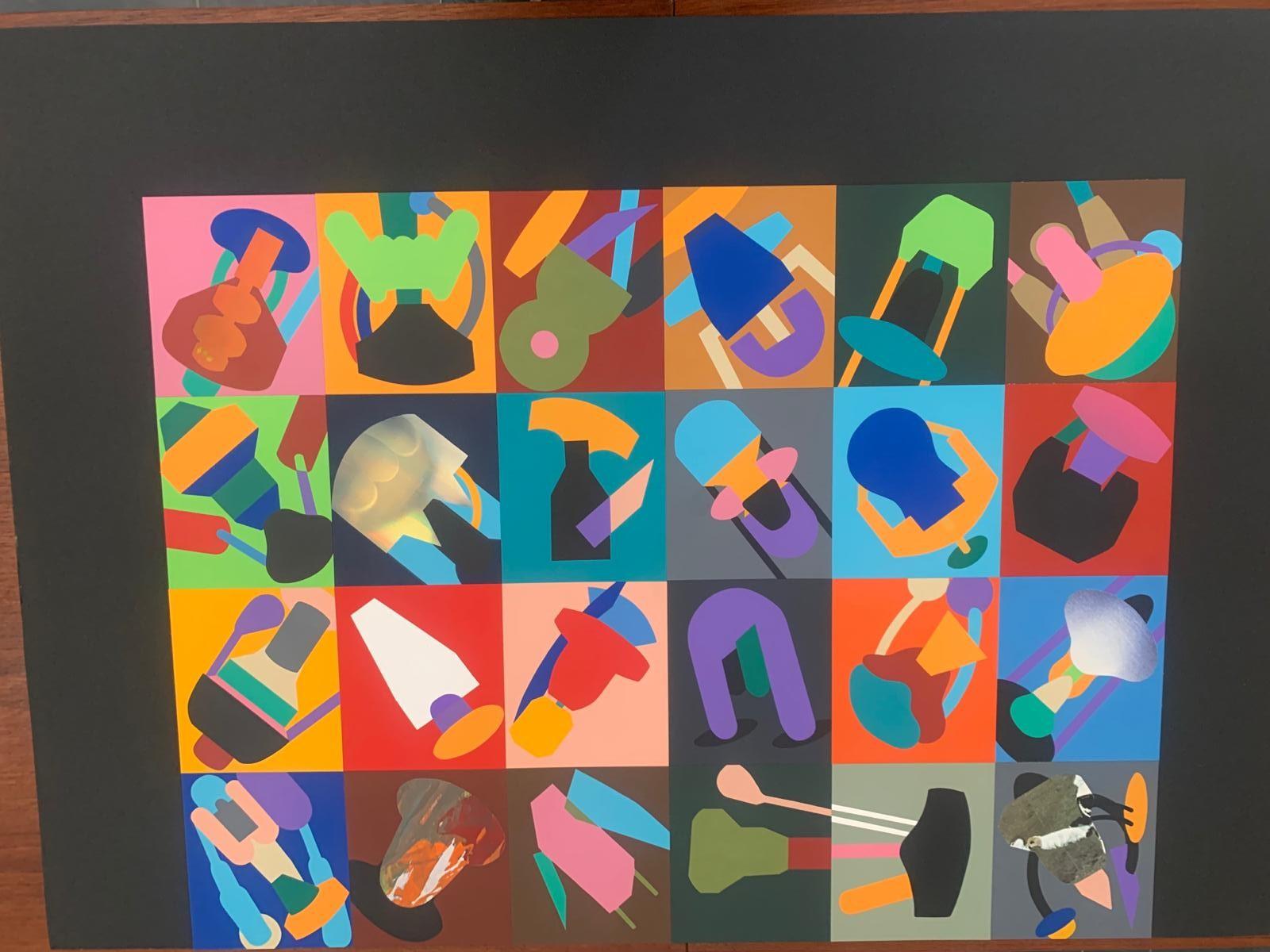 Collage und gemischte Technik der Zusammensetzung von anthropomorphen Elementen von Renato Volpini, 1990. Prächtige Farben in dieser Komposition von Maestro Renato Volpini. Gemischte Medien auf Karton. Dargestellt sind anthropomorphe Elemente und