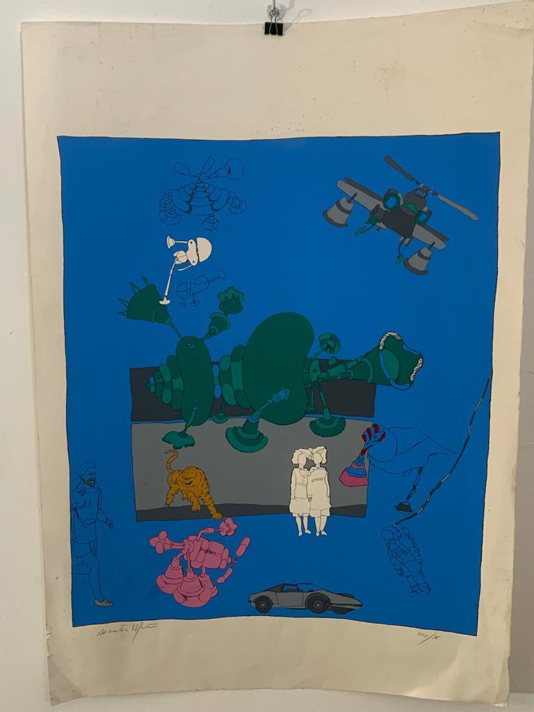 Renato Volpini, lithograph 8 of 10 with characters, animals and his useless machines for space use. 