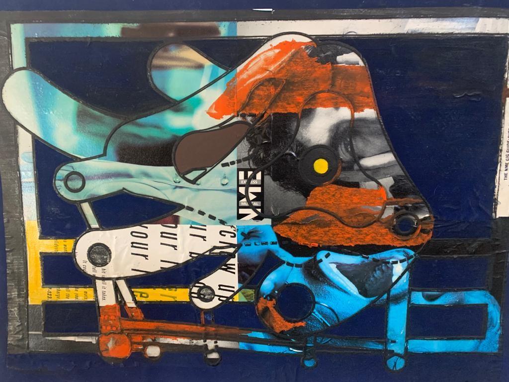 Collage e tecnica mista per quest'opera di Volpini. Raffigura una parte di un meccanismo di una delle tante macchine che ha progettato. Macchine da utilizzare sui pianeti nello spazio, ironicamente chiamate 