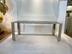 Renato Zevi, années 1970, table de salle à manger en verre fumé marron, laiton et chrome, style Hollywood Regency