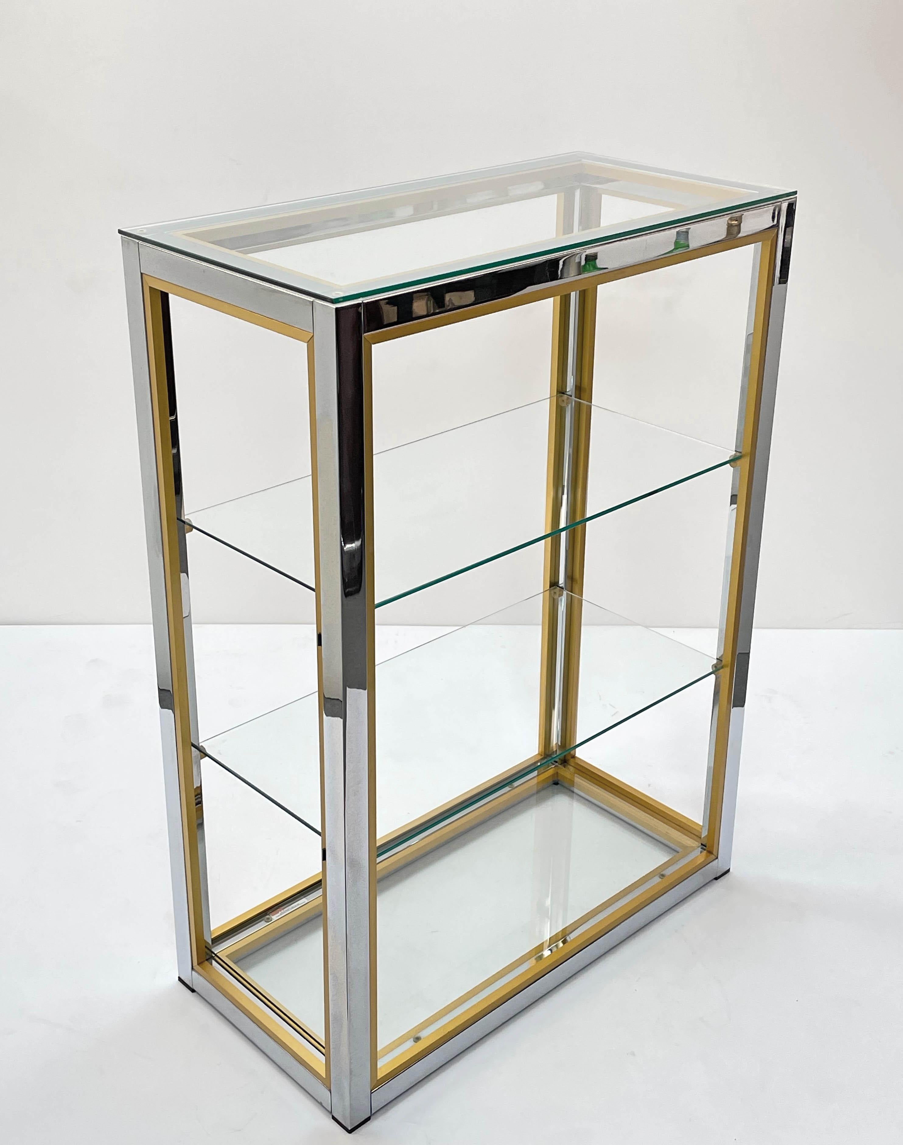 Renato Zevi Brass and Adonized Chrome Italian Bookcase with Glass Shelves, 1970s 5