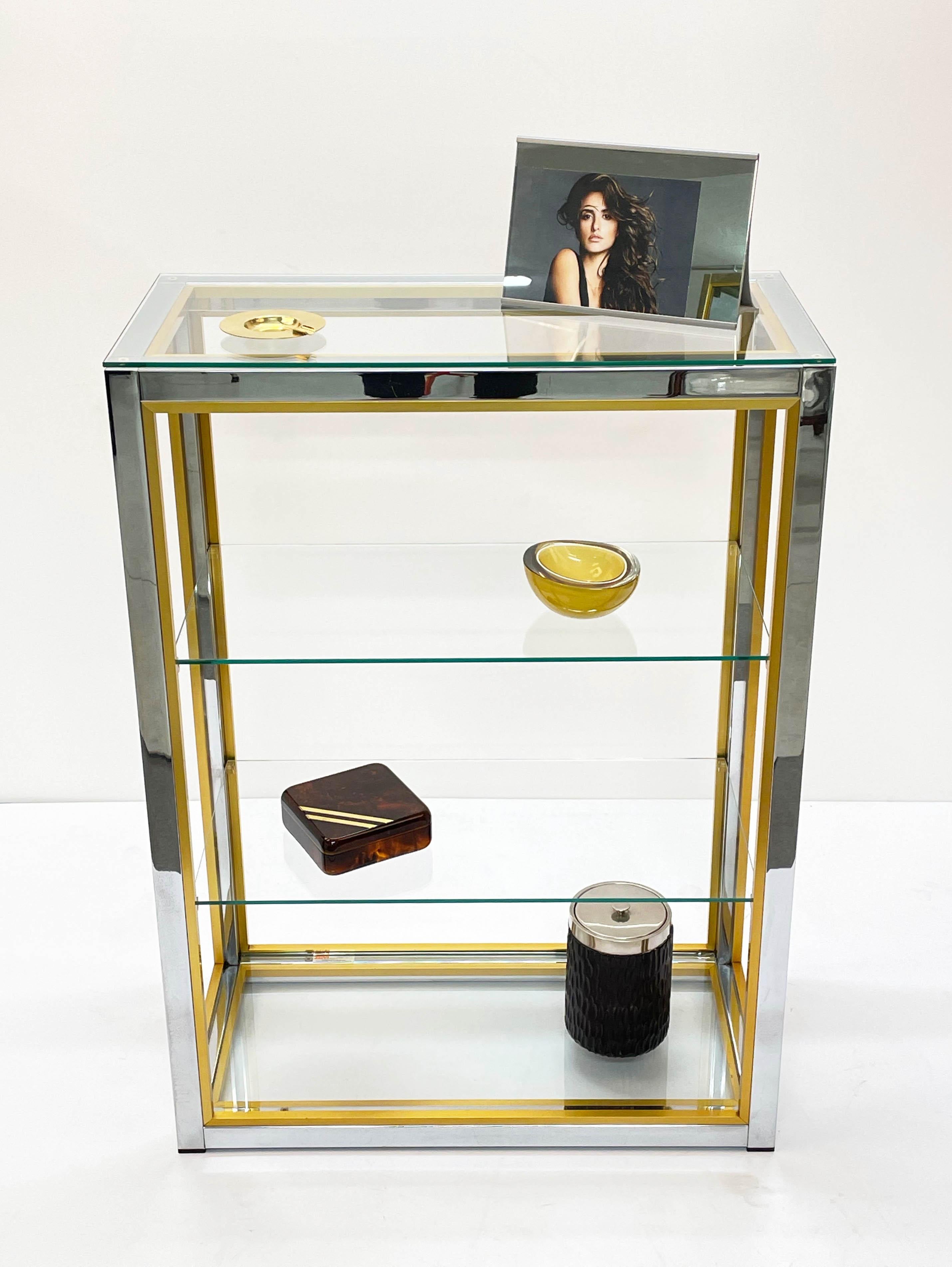 Renato Zevi Brass and Adonized Chrome Italian Bookcase with Glass Shelves, 1970s 6