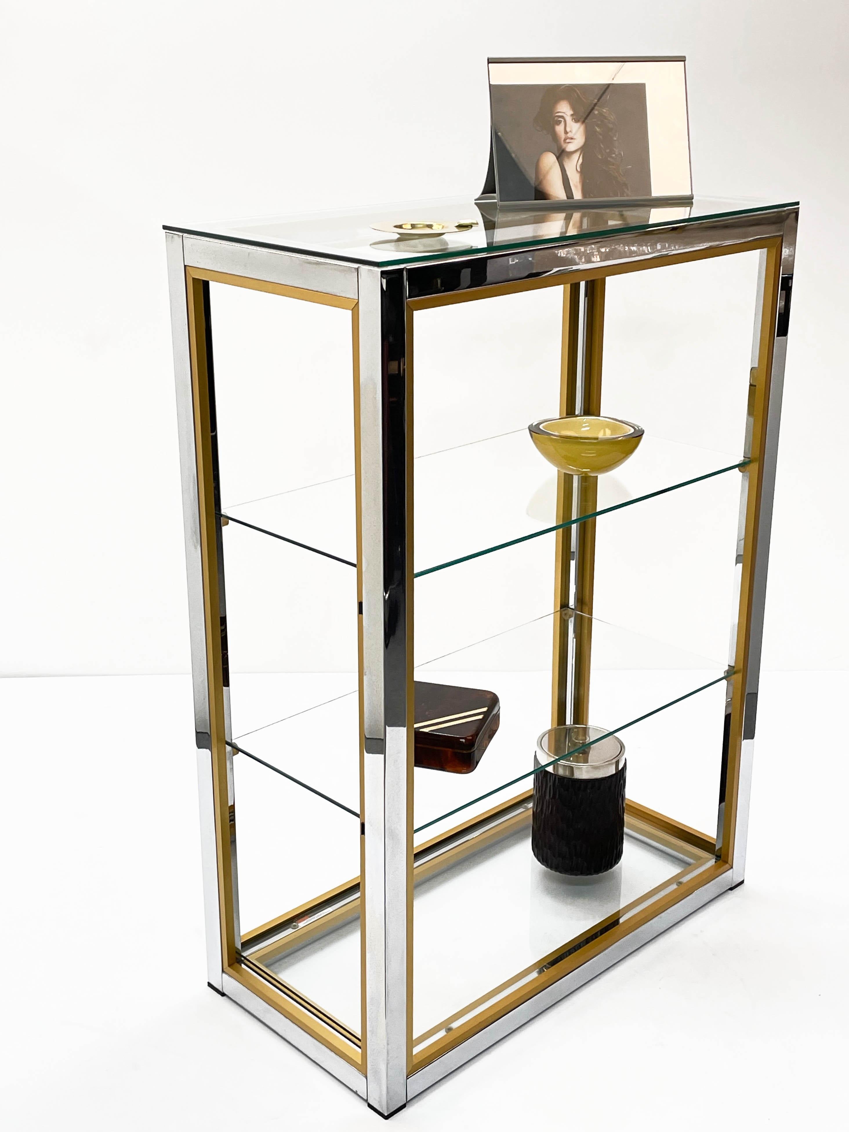 Renato Zevi Brass and Adonized Chrome Italian Bookcase with Glass Shelves, 1970s 7