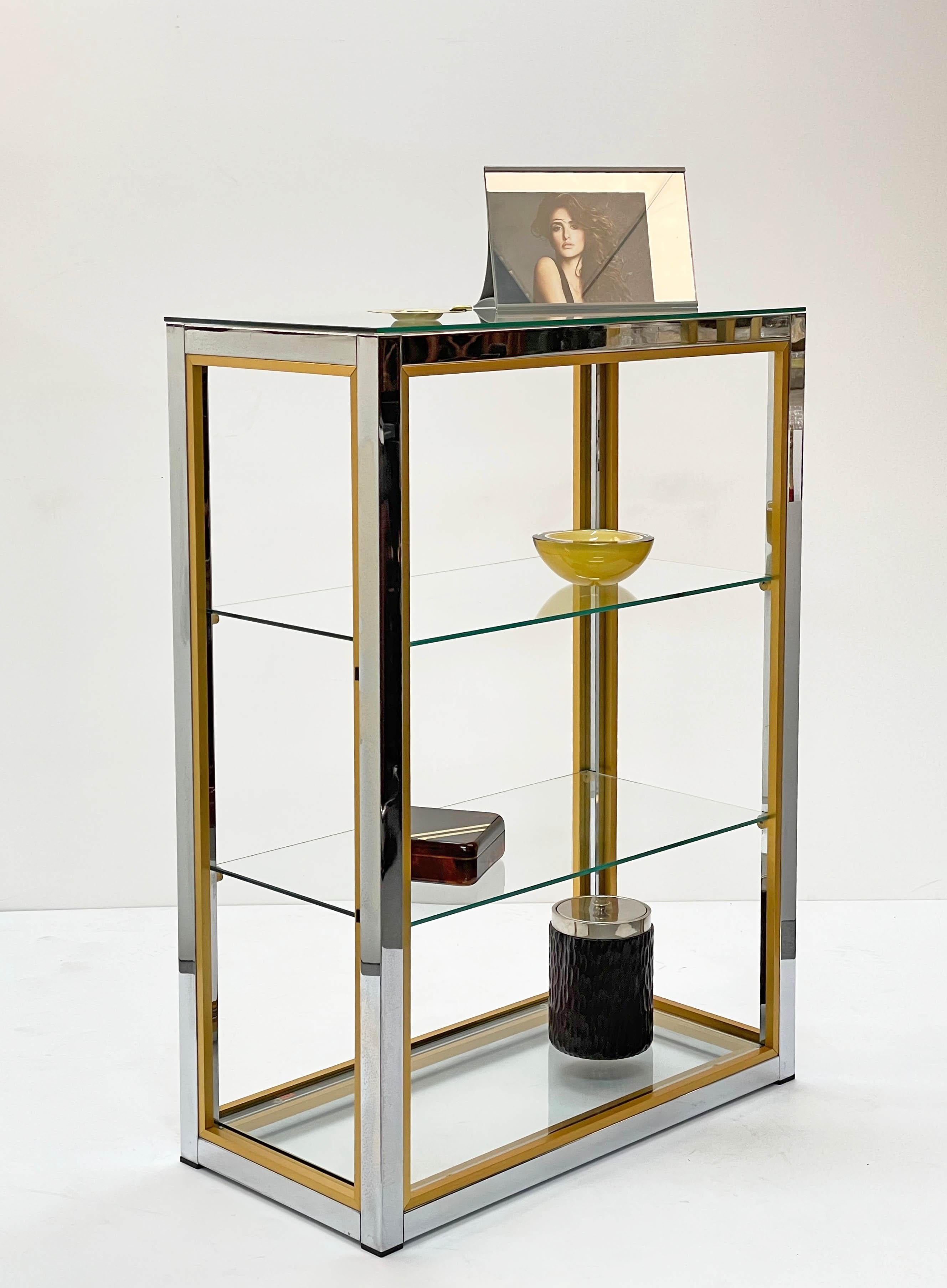 Renato Zevi Brass and Adonized Chrome Italian Bookcase with Glass Shelves, 1970s 8