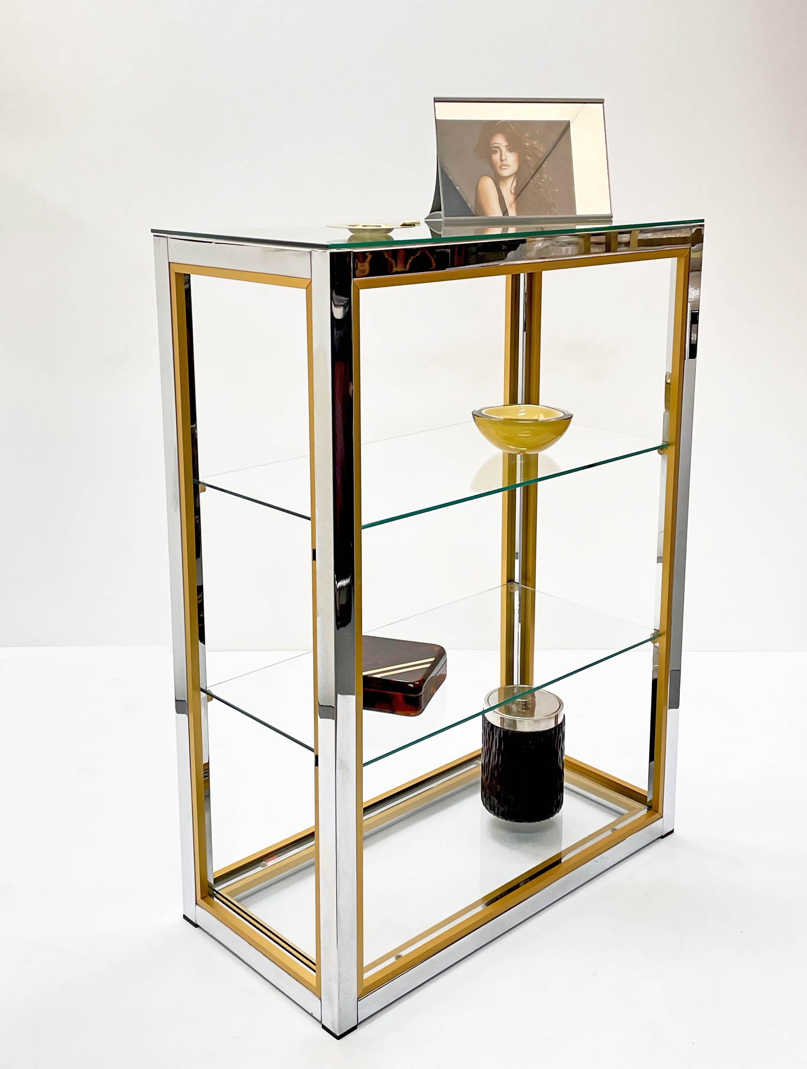 Renato Zevi Brass and Adonized Chrome Italian Bookcase with Glass Shelves, 1970s 9