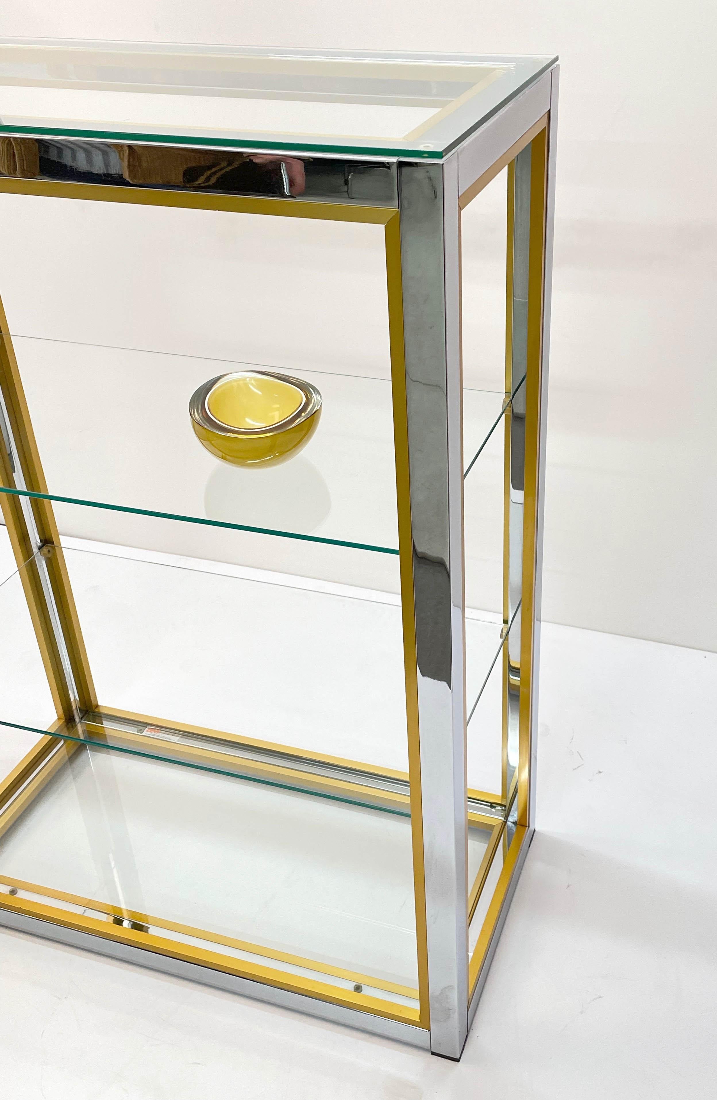 Renato Zevi Brass and Adonized Chrome Italian Bookcase with Glass Shelves, 1970s 11