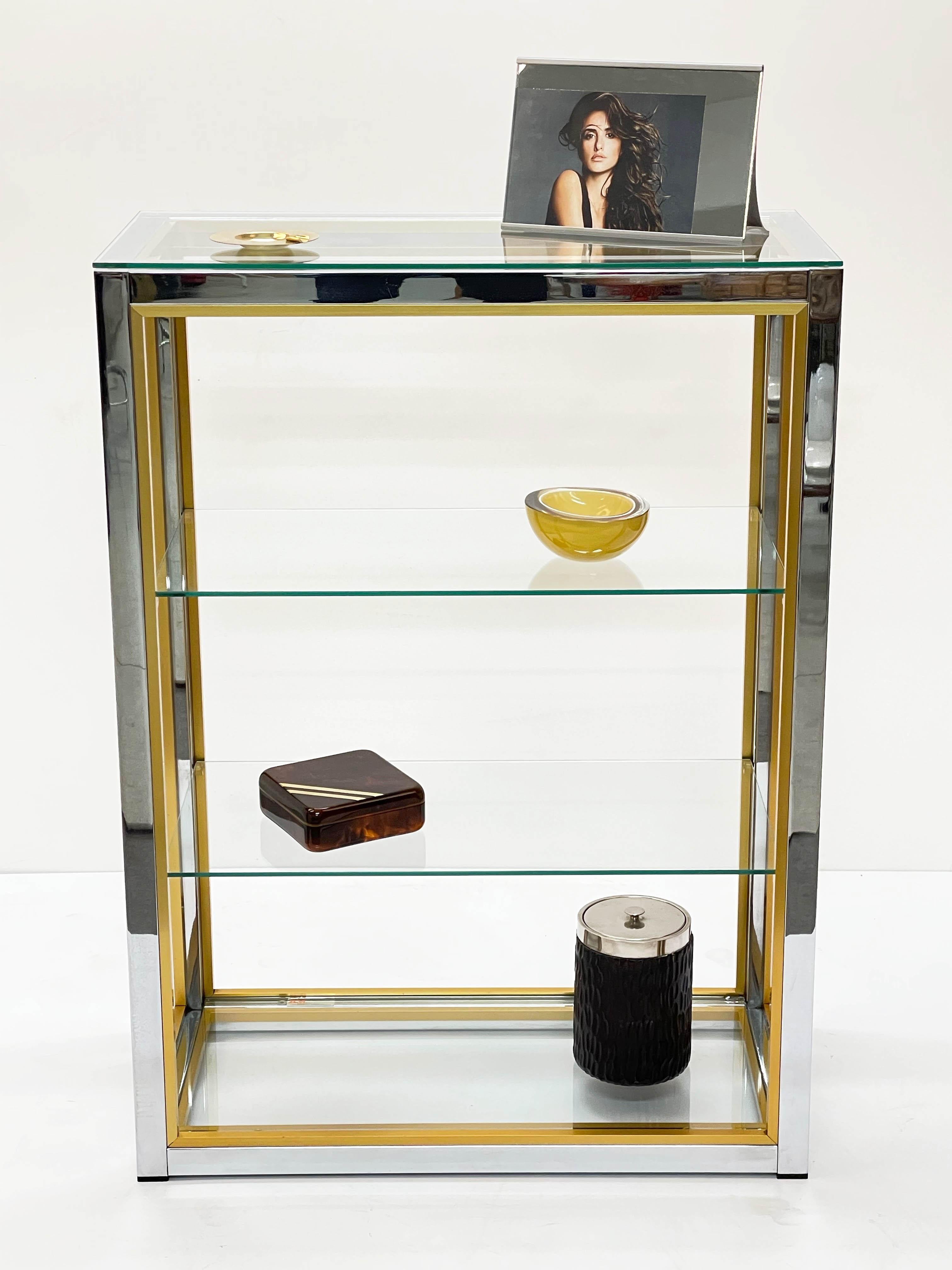 Renato Zevi Brass and Adonized Chrome Italian Bookcase with Glass Shelves, 1970s 12