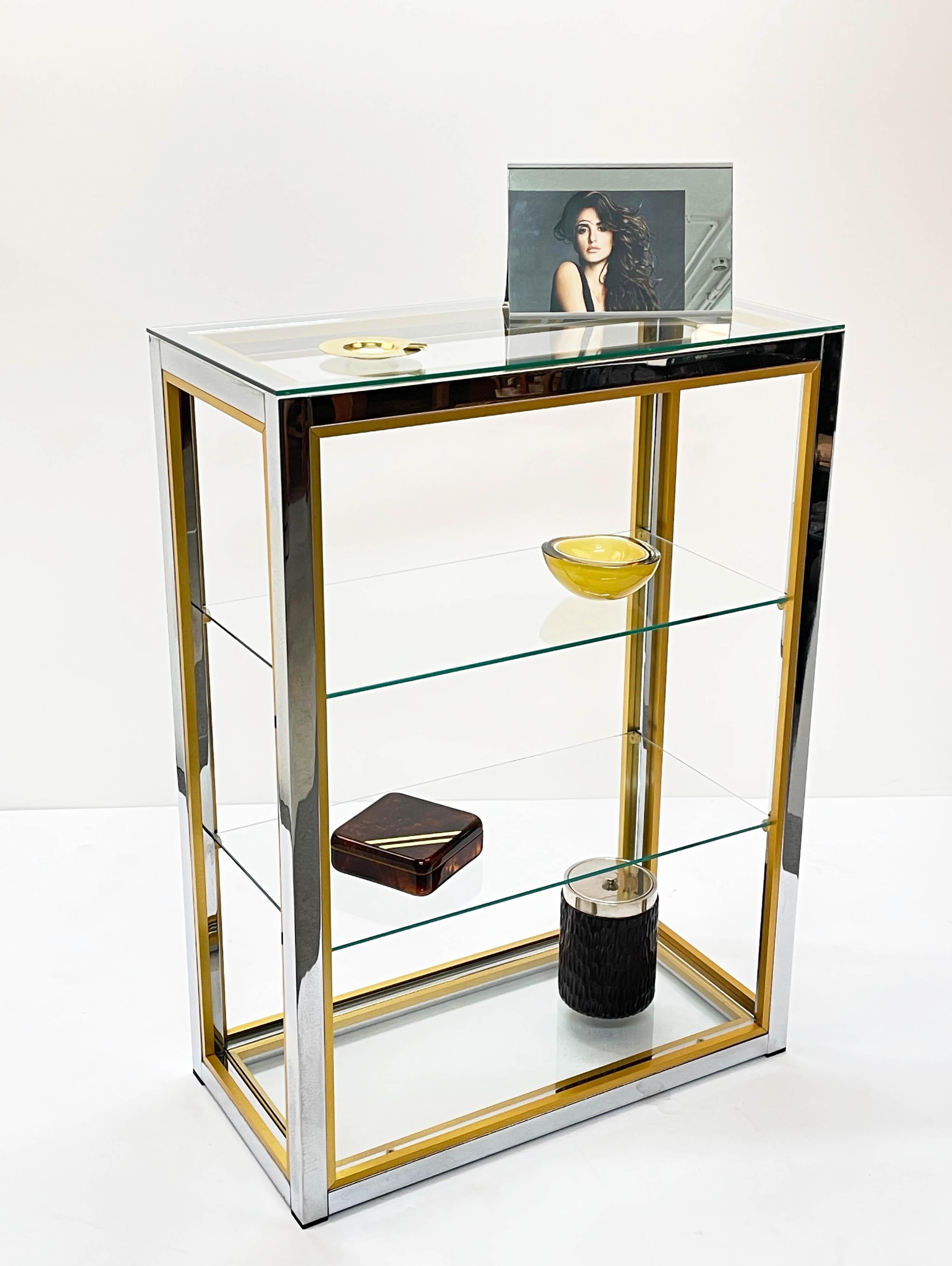 Renato Zevi Brass and Adonized Chrome Italian Bookcase with Glass Shelves, 1970s 13