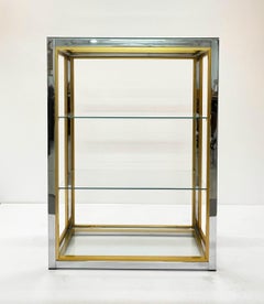 Renato Zevi Brass and Adonized Chrome Italian Bookcase with Glass Shelves, 1970s