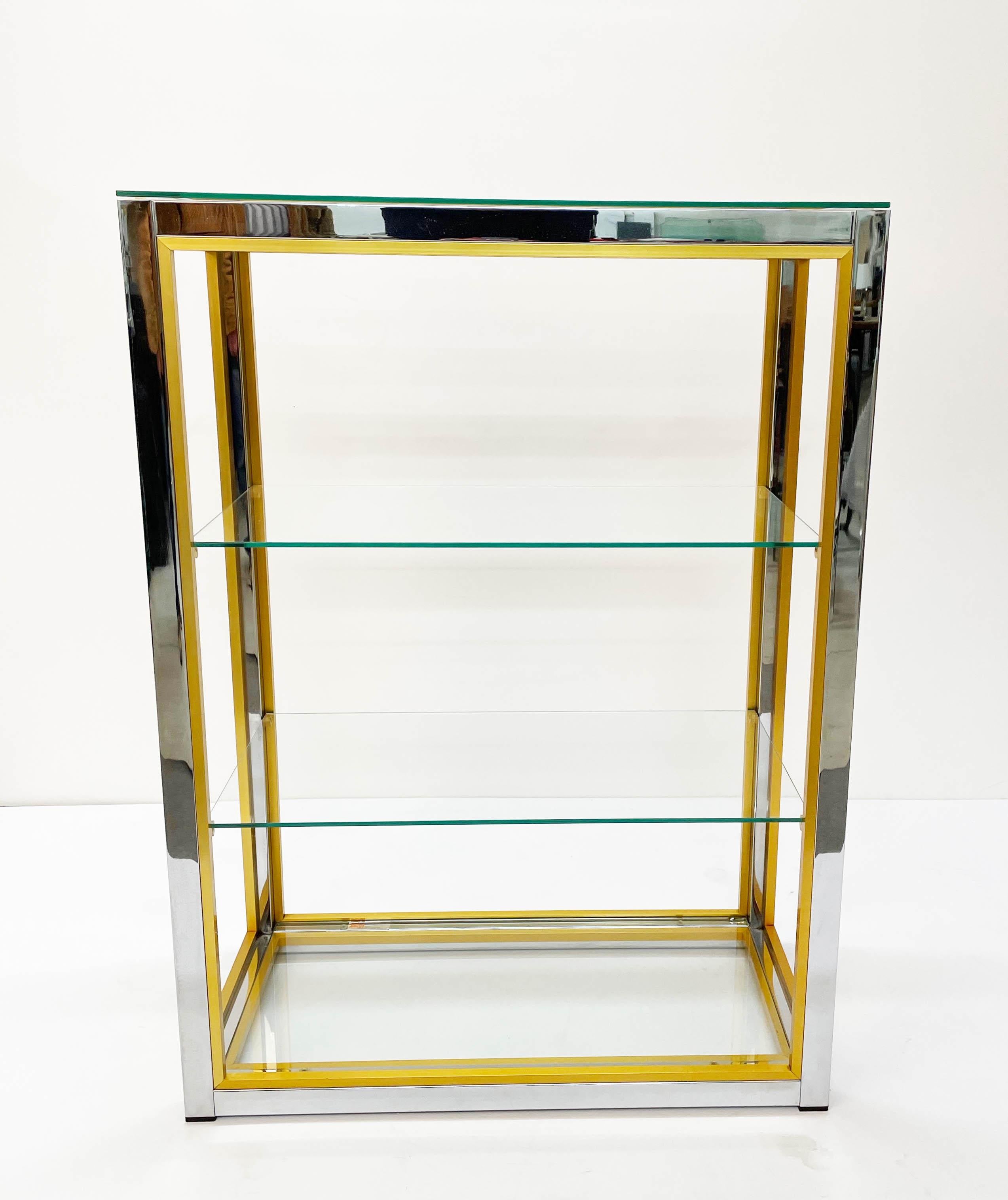 Hollywood Regency Renato Zevi Brass and Adonized Chrome Italian Bookcase with Glass Shelves, 1970s