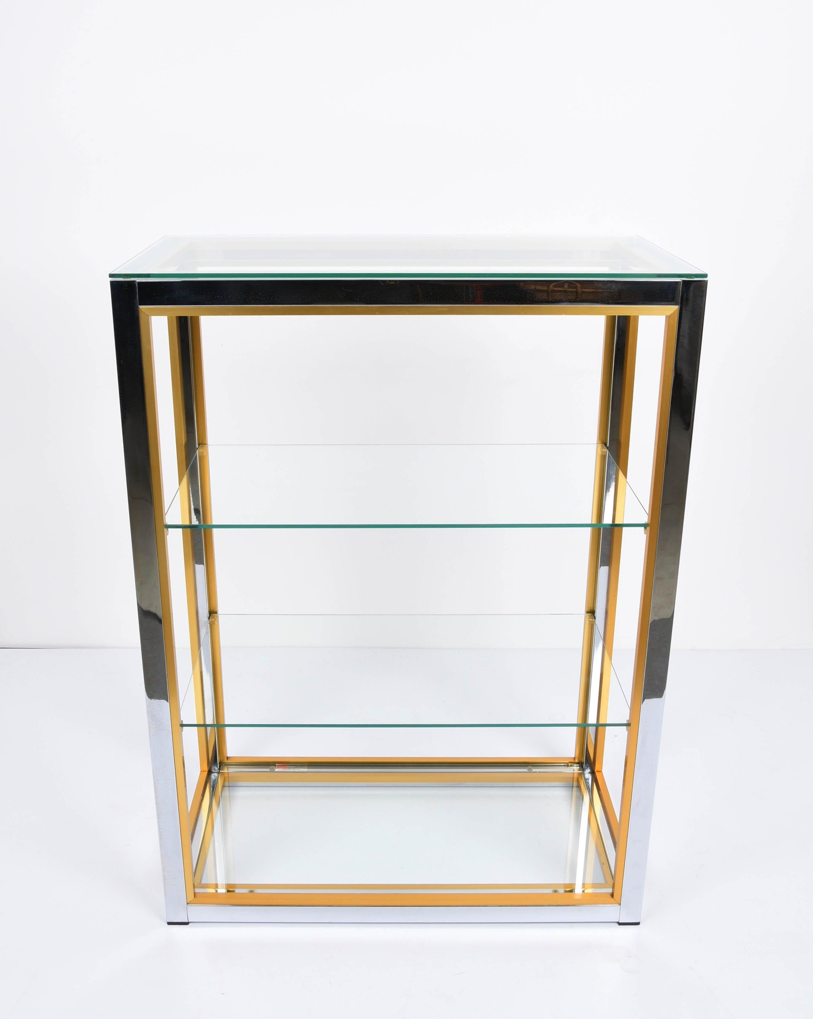 Late 20th Century Renato Zevi Brass and Adonized Chrome Italian Bookcase with Glass Shelves, 1970s