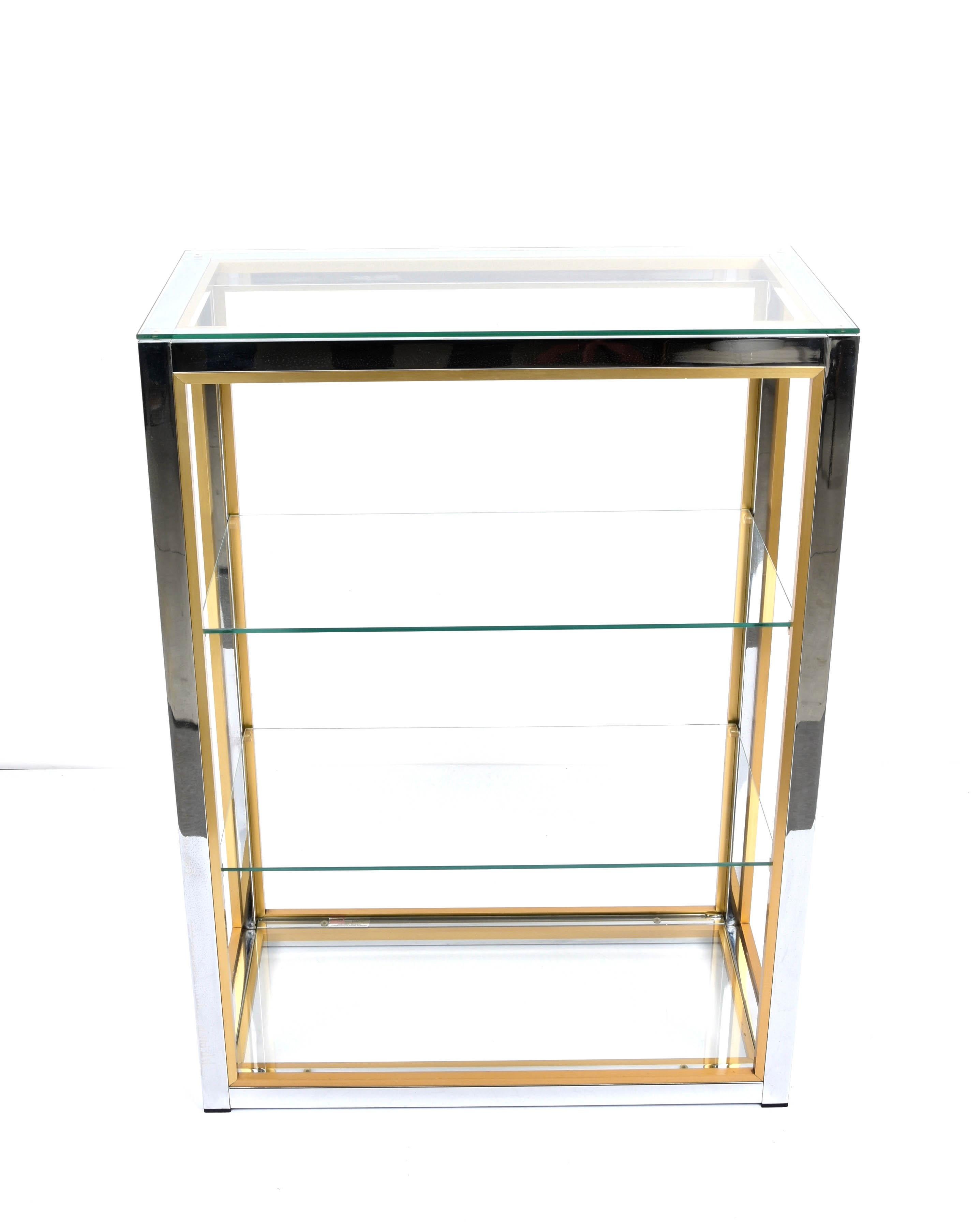 Renato Zevi Brass and Adonized Chrome Italian Bookcase with Glass Shelves, 1970s 1