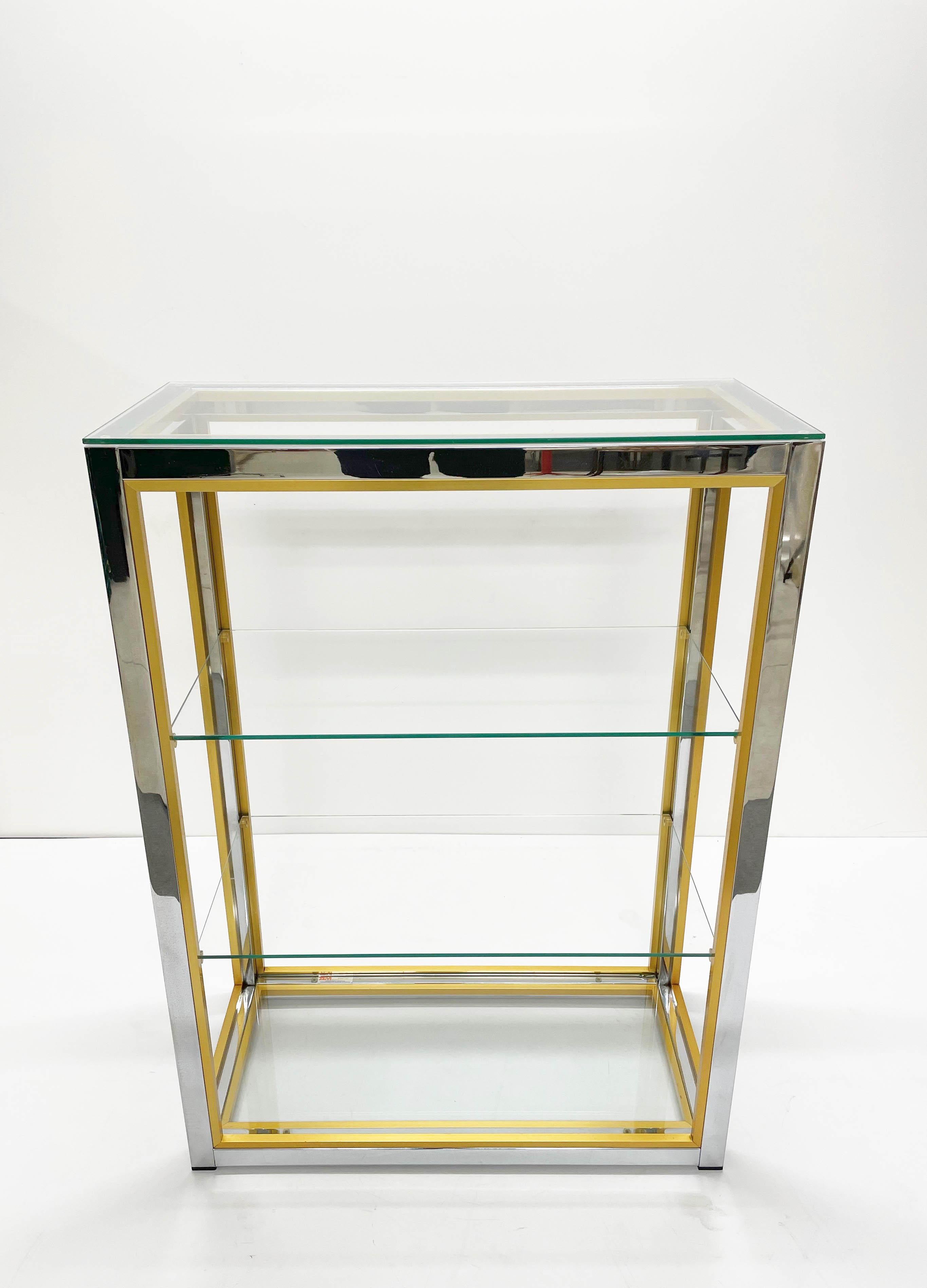 Renato Zevi Brass and Adonized Chrome Italian Bookcase with Glass Shelves, 1970s 2