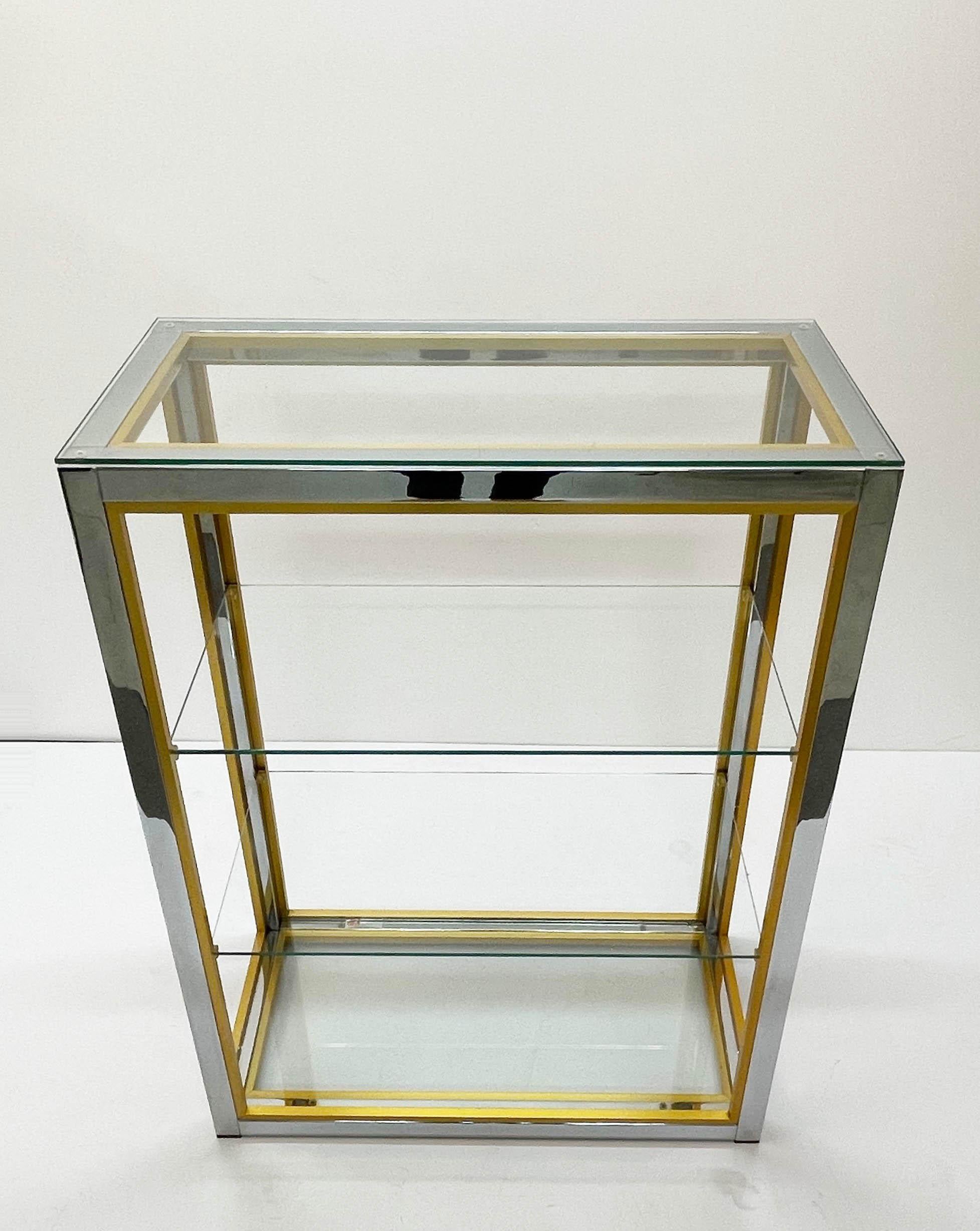 Renato Zevi Brass and Adonized Chrome Italian Bookcase with Glass Shelves, 1970s 3