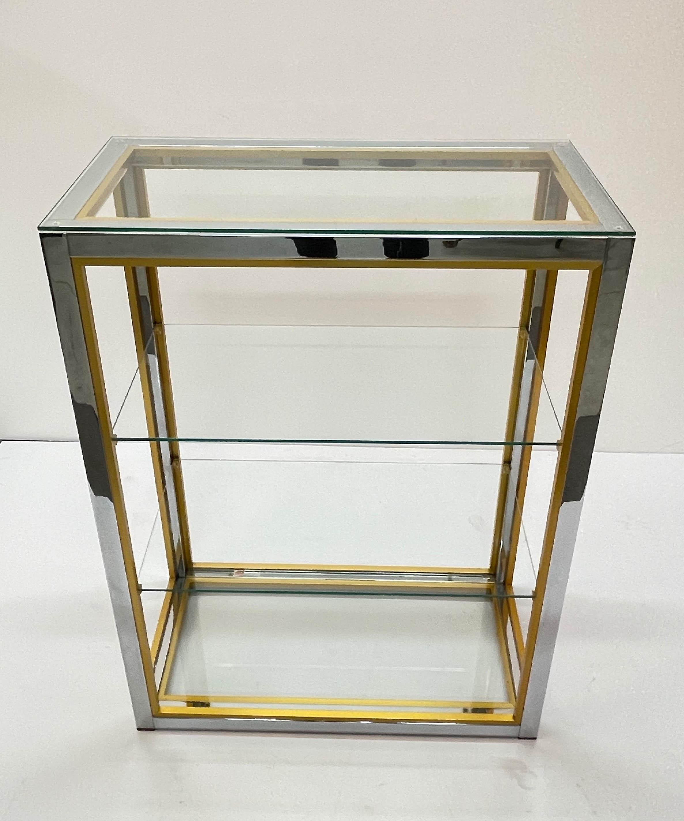 Renato Zevi Brass and Adonized Chrome Italian Bookcase with Glass Shelves, 1970s 4