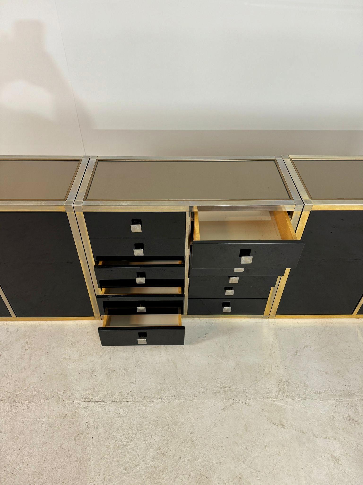 Renato Zevi Brass and Black Lacquered Sideboard of Three Pieces, Italy, 1970s For Sale 9