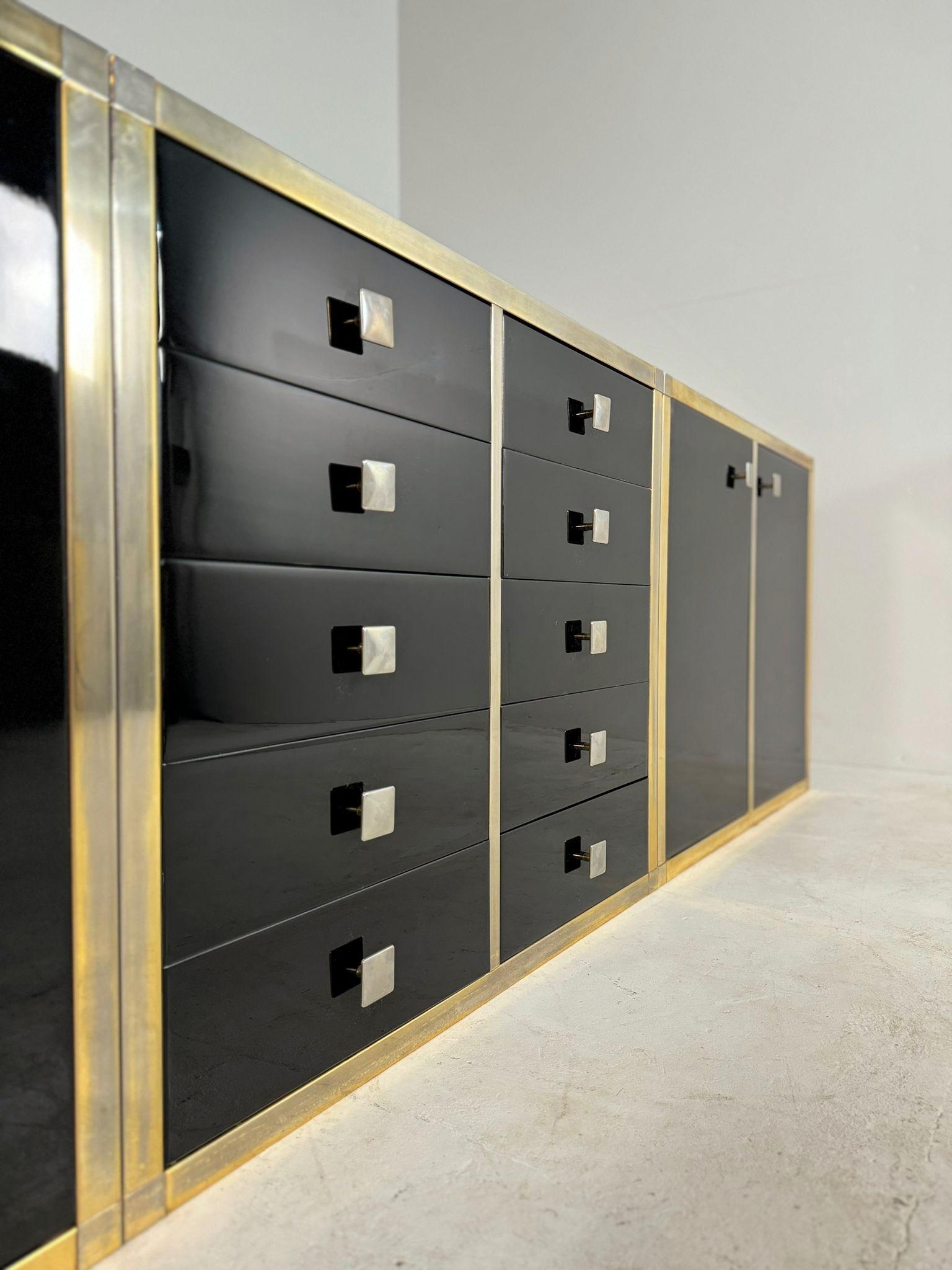 Late 20th Century Renato Zevi Brass and Black Lacquered Sideboard of Three Pieces, Italy, 1970s For Sale