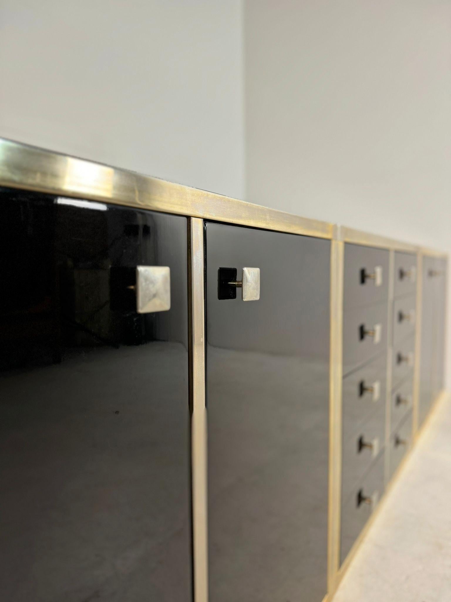 Renato Zevi Brass and Black Lacquered Sideboard of Three Pieces, Italy, 1970s For Sale 1