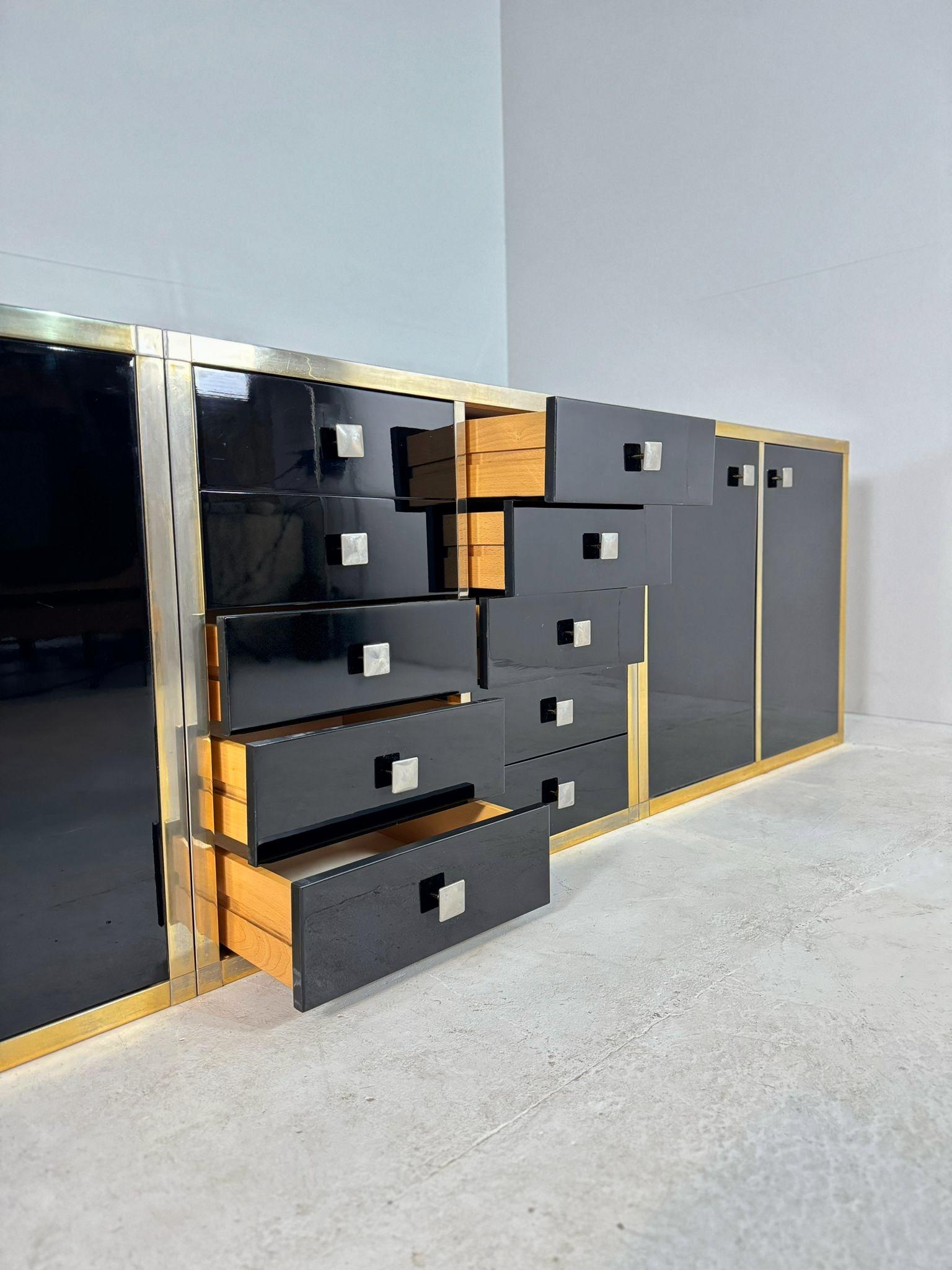 Renato Zevi Brass and Black Lacquered Sideboard of Three Pieces, Italy, 1970s For Sale 2