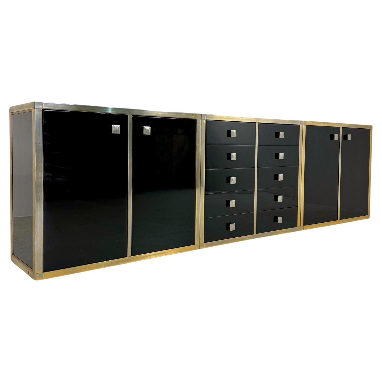 Renato Zevi Brass and Black Lacquered Sideboard of Three Pieces, Italy, 1970s For Sale