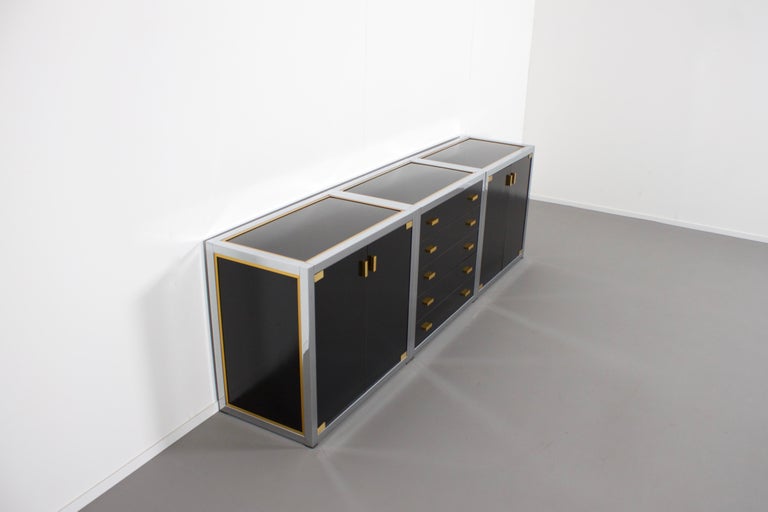 Hollywood Regency Renato Zevi Brass and Chrome Sideboard Consisting of Three Pieces, Italy, 1970s For Sale