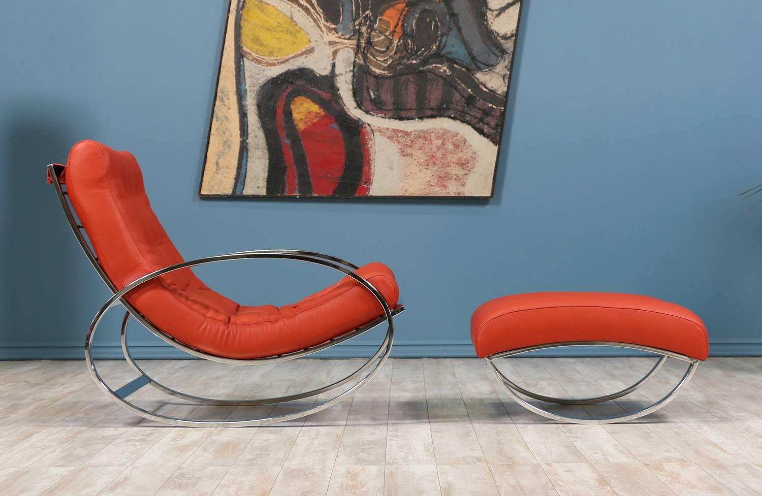 Mid-Century Modern Renato Zevi Chrome and Leather Rocking Chair with Ottoman for Selig