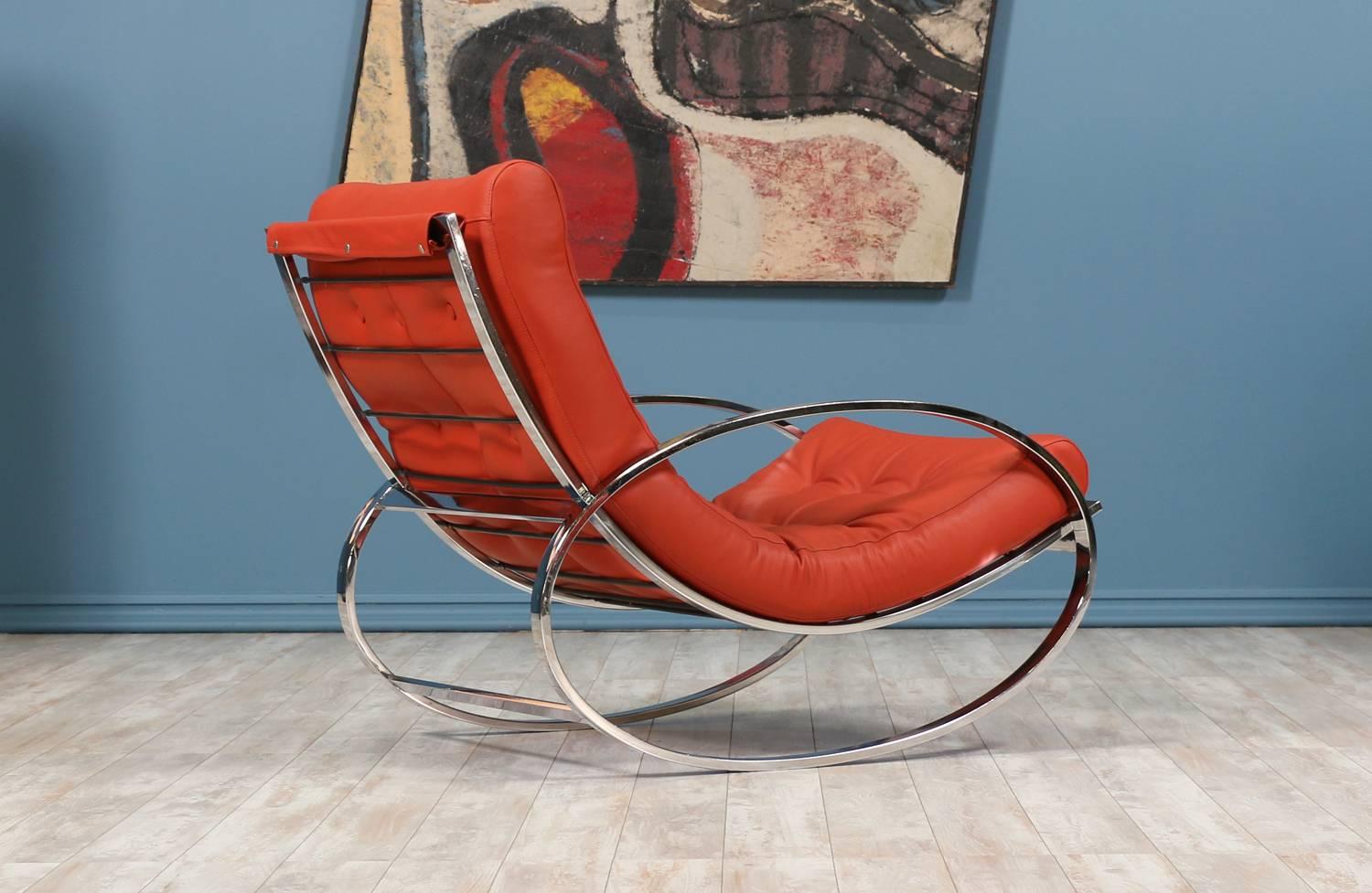 American Renato Zevi Chrome and Leather Rocking Chair with Ottoman for Selig