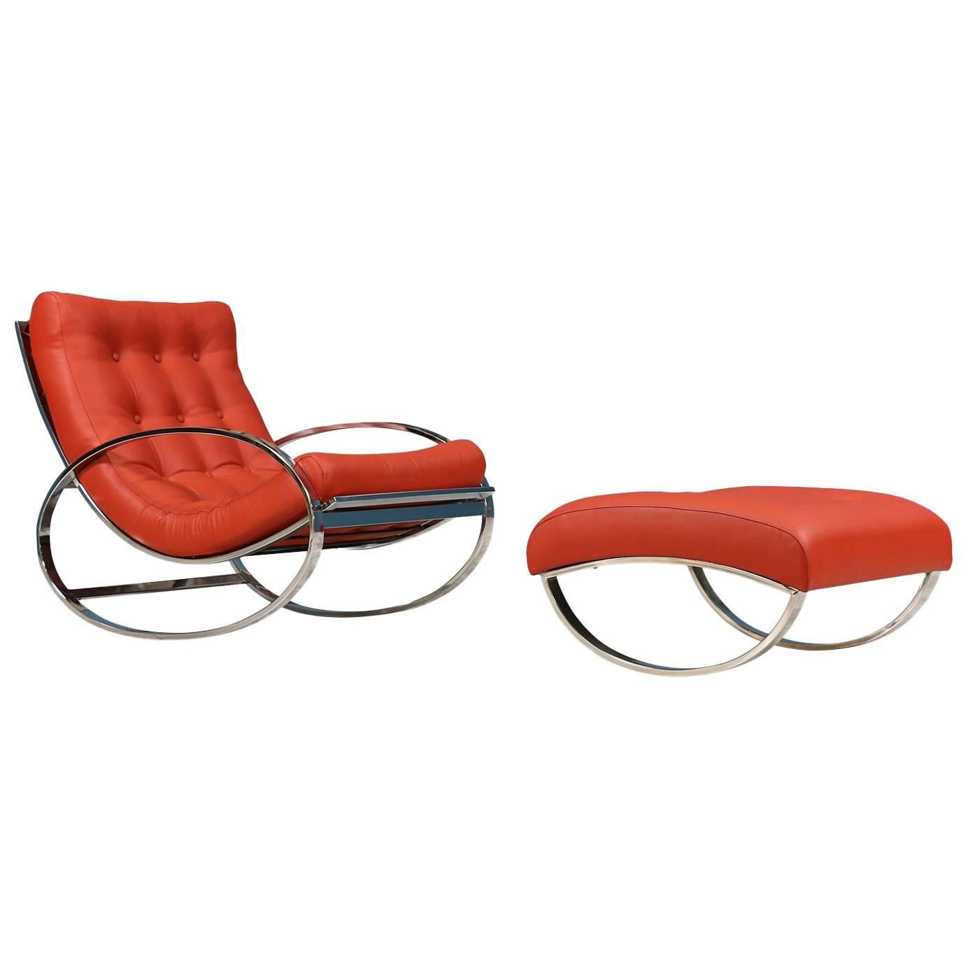 Renato Zevi Chrome and Leather Rocking Chair with Ottoman for Selig