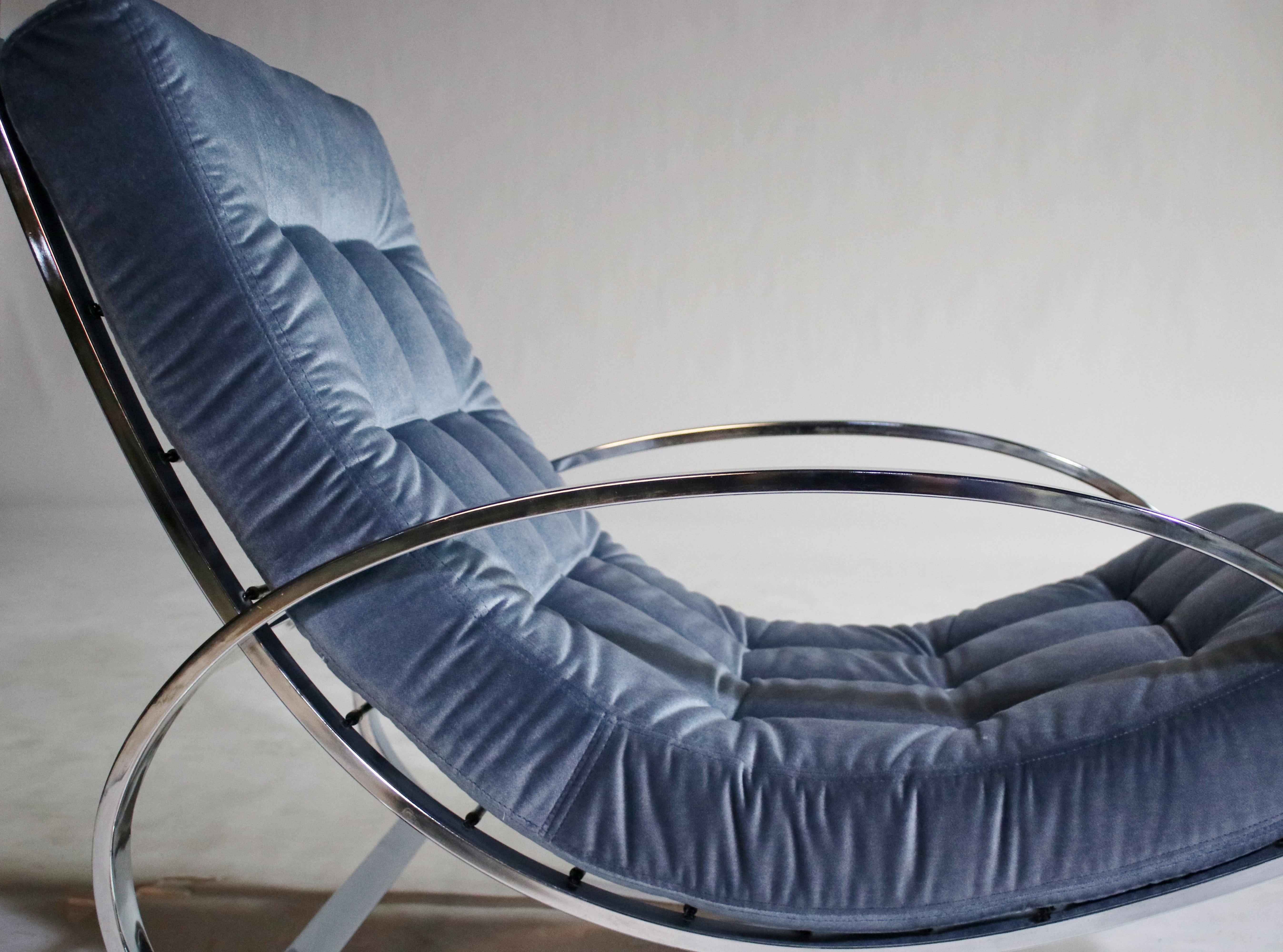 Mid-Century Modern Renato Zevi Chrome and Velvet Ellipse Rocking Chair and Ottoman