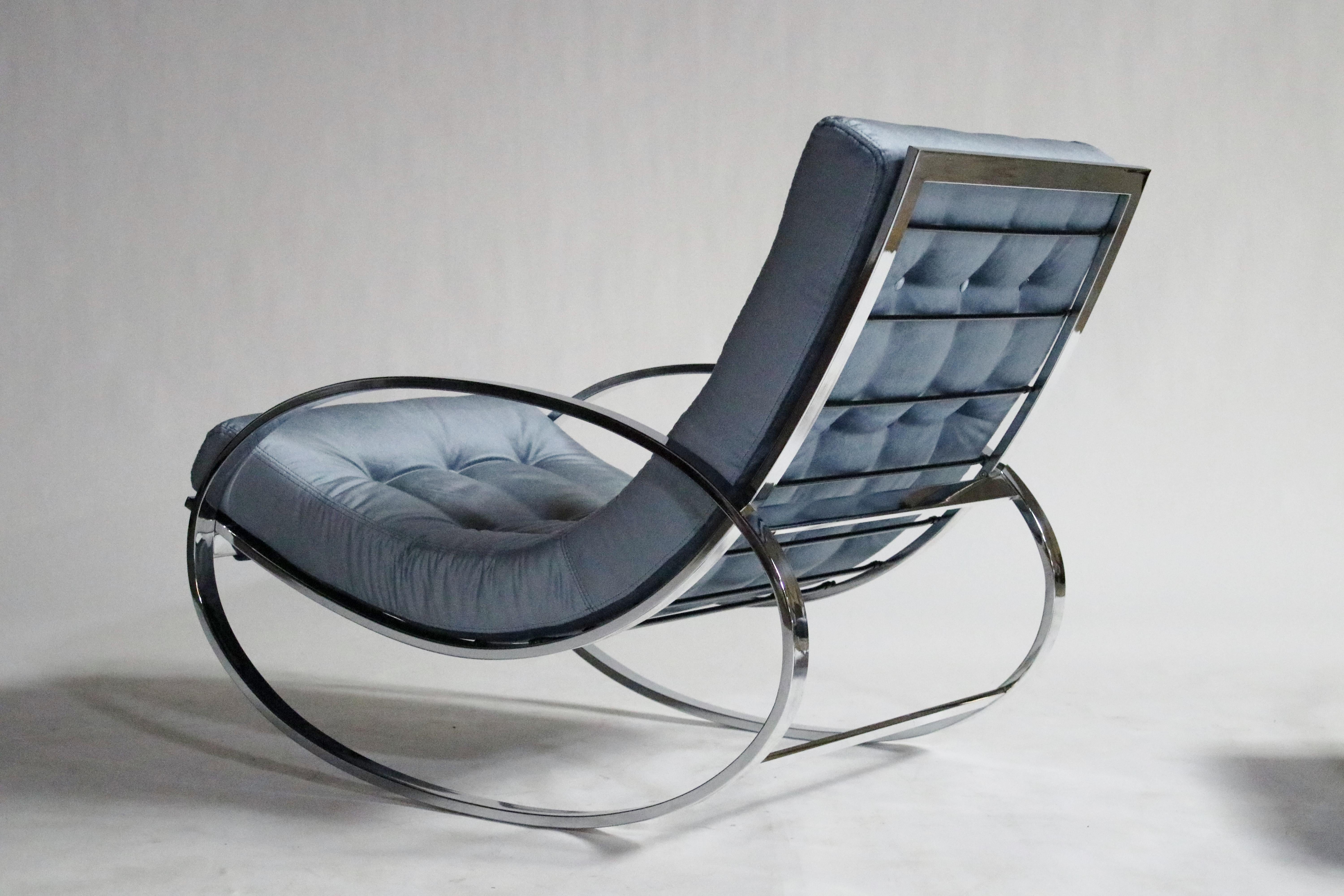 Renato Zevi Chrome and Velvet Ellipse Rocking Chair and Ottoman In Excellent Condition In Chicago, IL