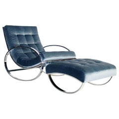 Renato Zevi Chrome and Velvet Ellipse Rocking Chair and Ottoman