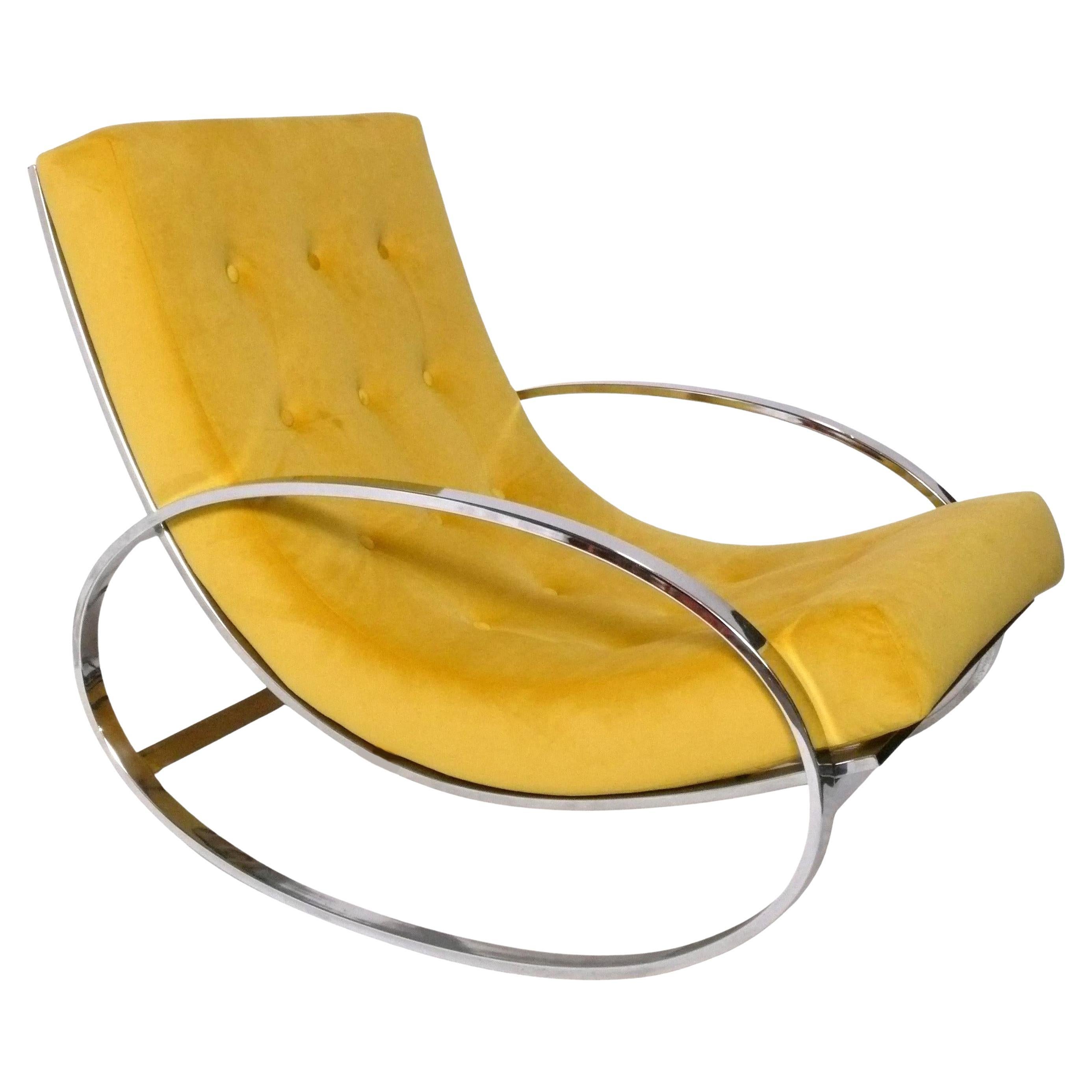 Renato Zevi Chrome Rocking Lounge Chair in Saffron Yellow Velvet en vente