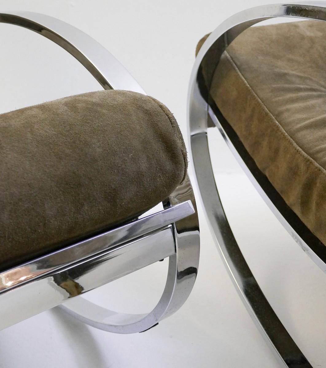Mid-Century Modern Renato Zevi for Selig Ellipse Chrome Ricking Chairs New Suede Upholstered
