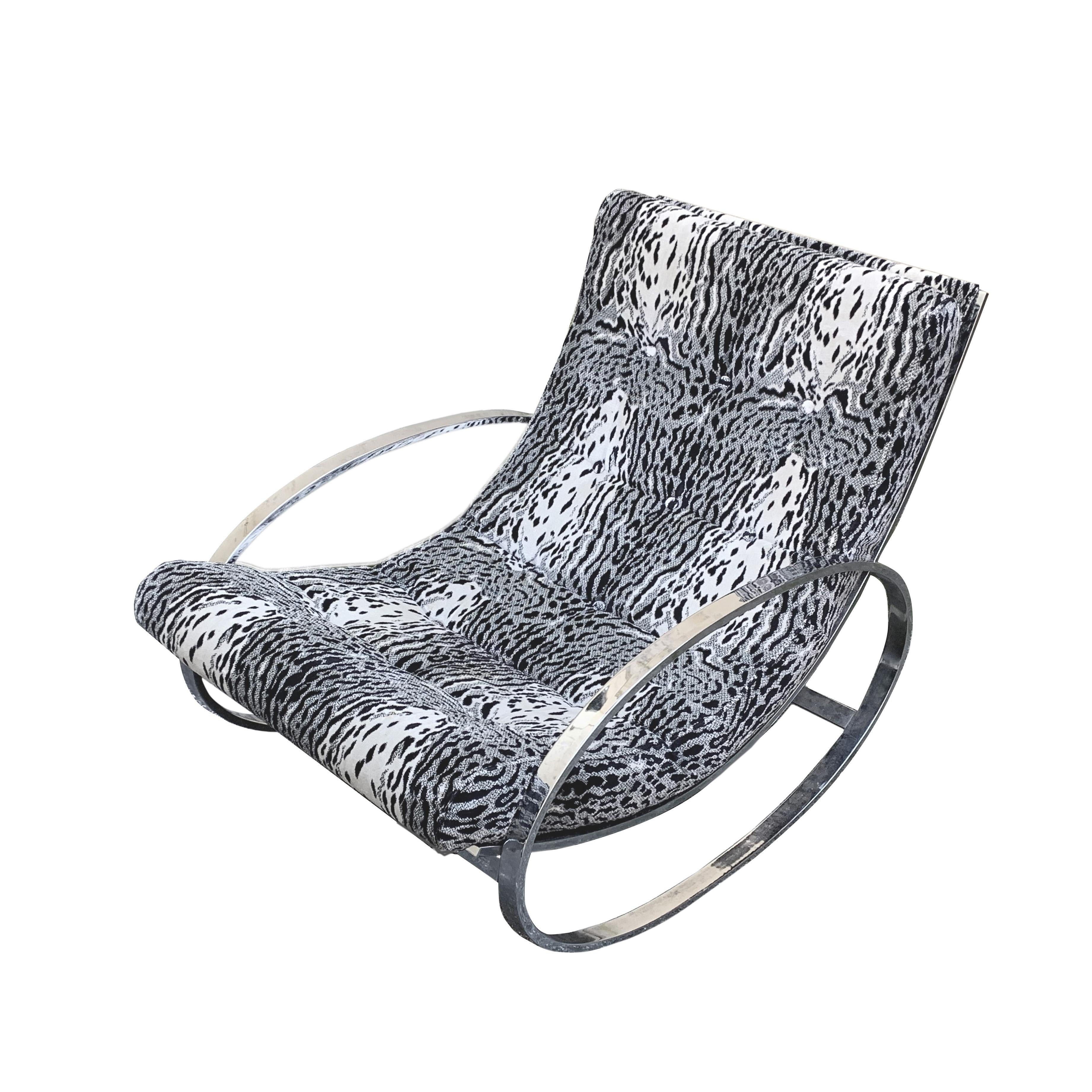 Mid-Century Modern Renato Zevi White Tiger Pattern Fabric Chrome Rocking Chair for Selig Ellipse